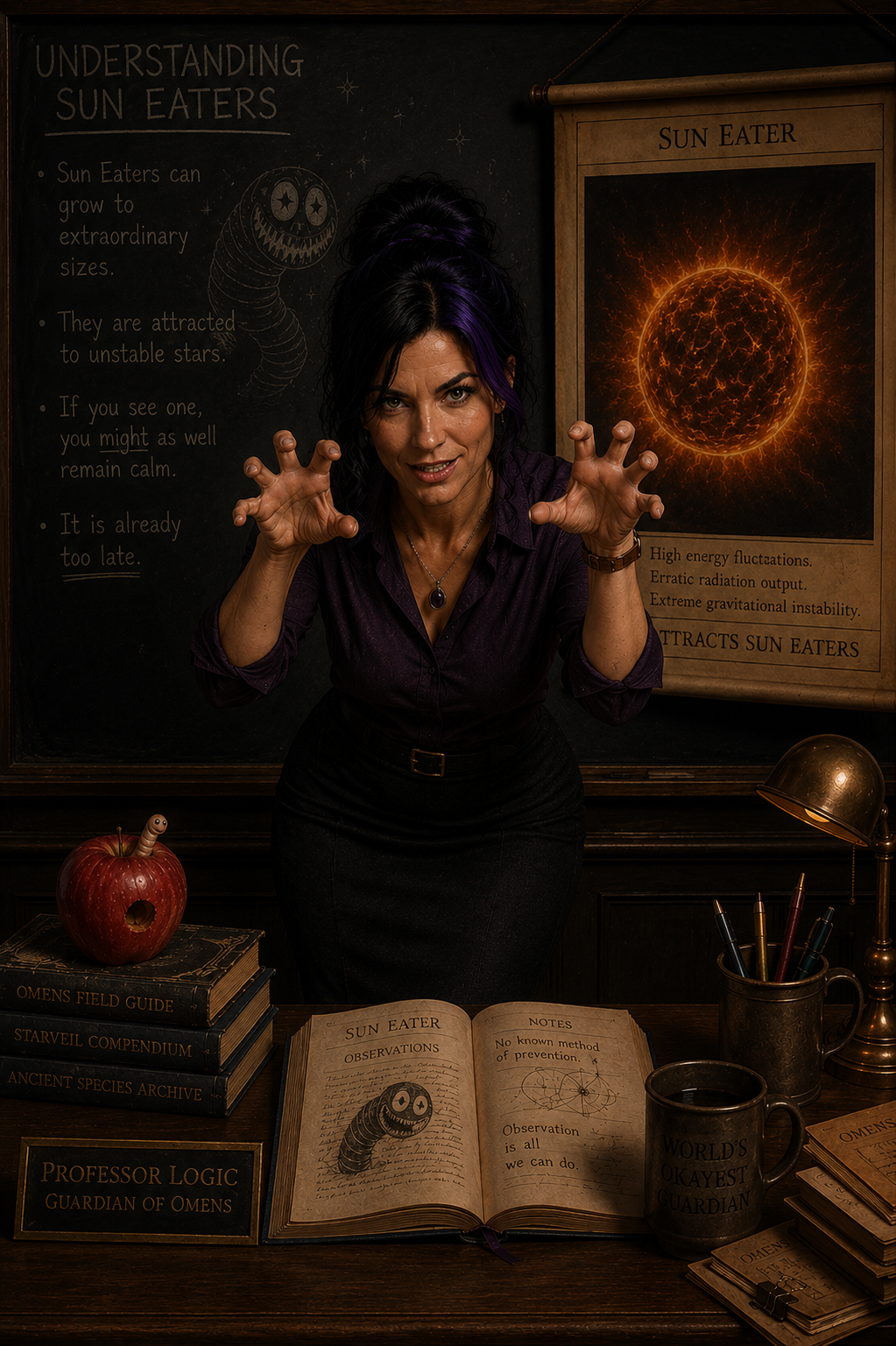 Logic leans forward with raised hands in front of an unstable star chart, delivering the warning that it is already too late.