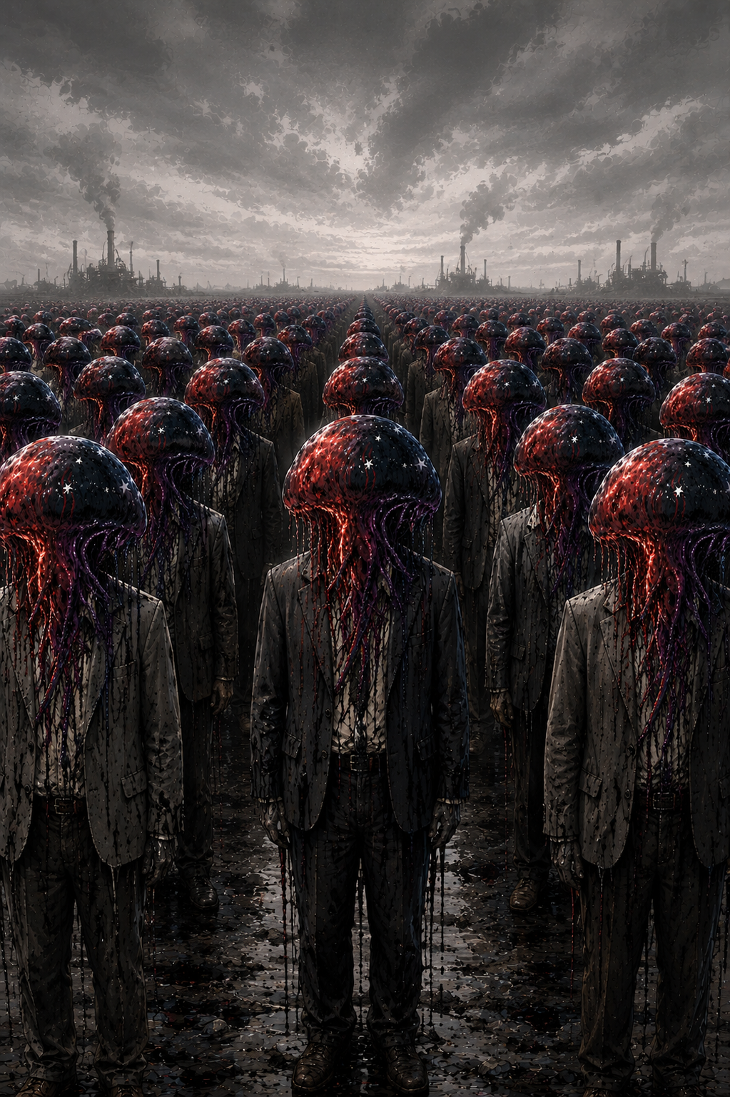 Rows of human figures transformed with jellyfish-like heads stand motionless beneath grey industrial skies. Dark fantasy artwork reading 'The lost are enchanted', depicting people consumed by The Condition.