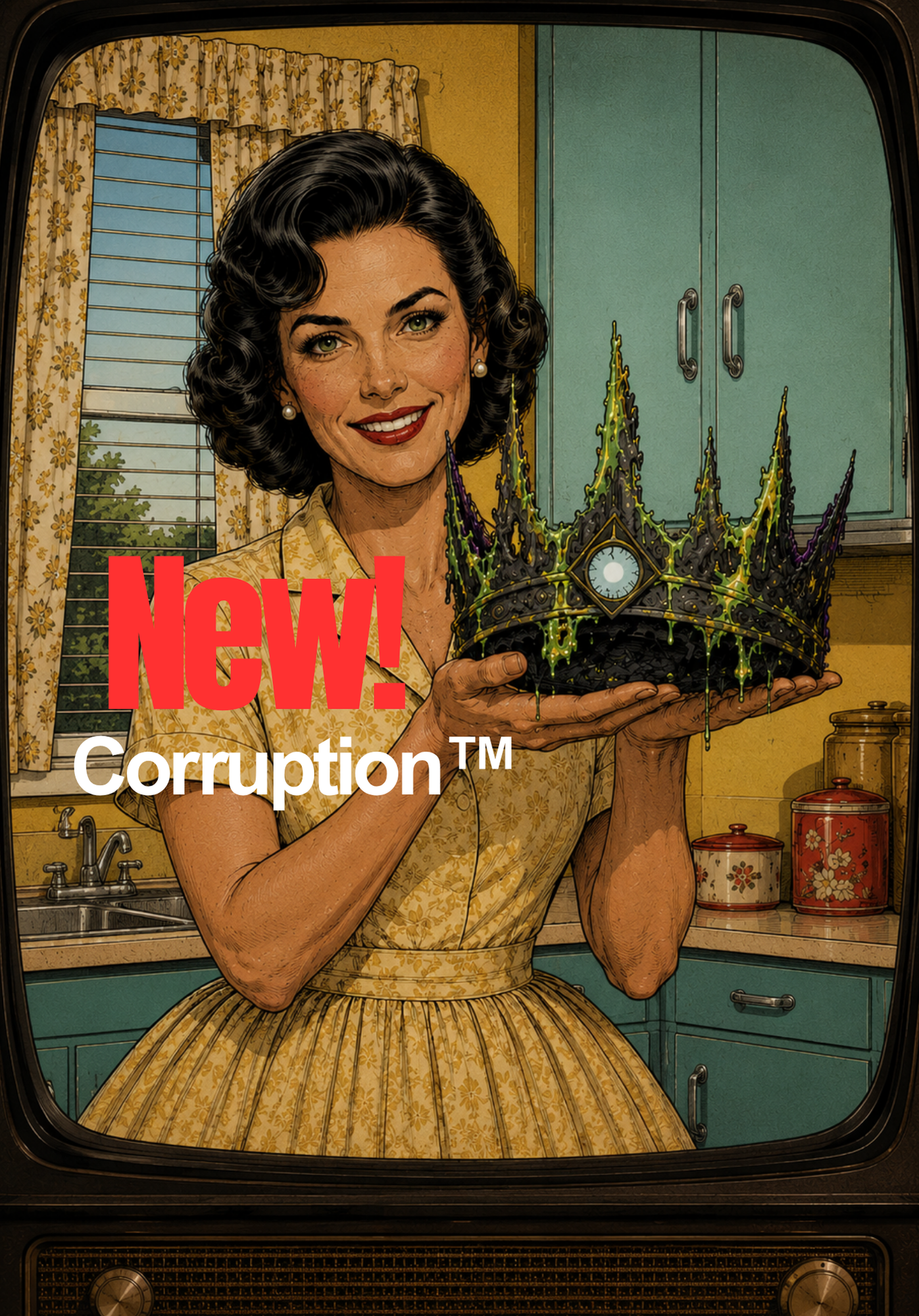 Vintage 1950s-style television advertisement showing a smiling woman in a retro kitchen holding a dripping black, green and purple crown. Large text reads “New! Corruption™”. Part of The Canis worldbuilding project by Mongrel Logic.