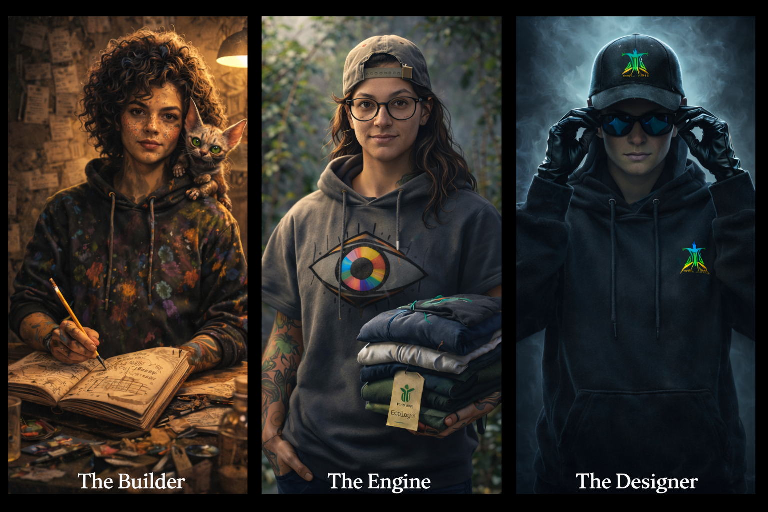 The three characters of Mongrel Logic, generated an AI image to help think about the language. Shows the Builder, the Engine and the Designer. Reflecting the Build, the Circular range and the Designer range.