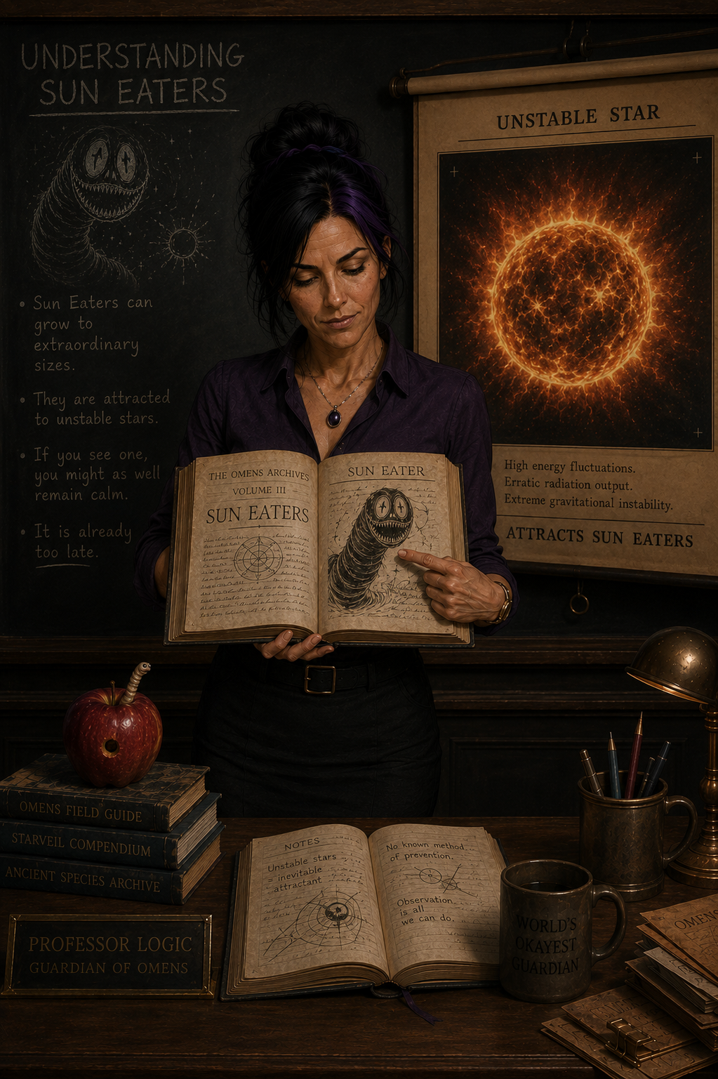 Logic studies an illustrated Sun Eater in an old archive book beside notes and a glowing unstable star chart.