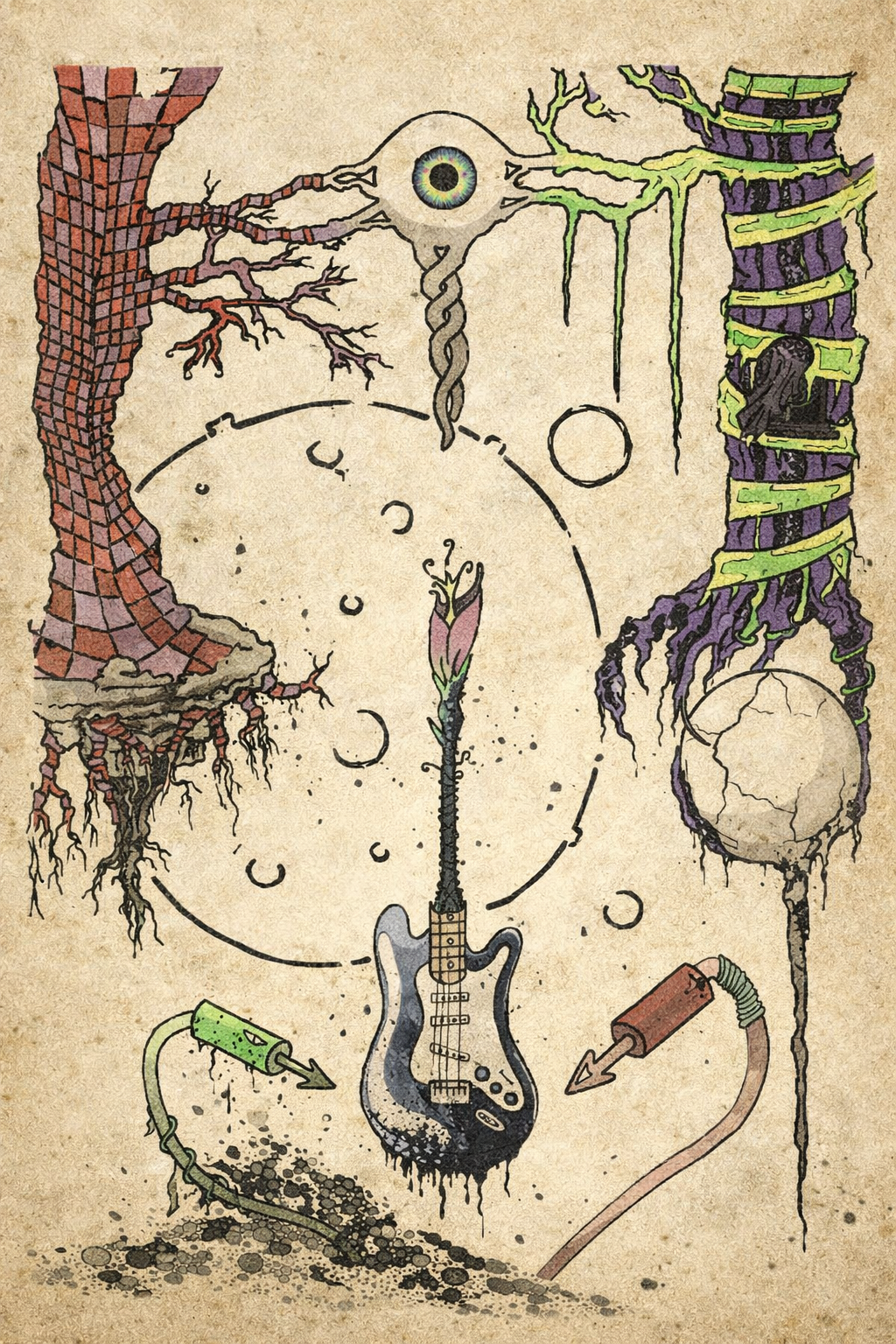 Omens: A world within The Canis formed by music, showing wrapped trees, a central eye and guitar.