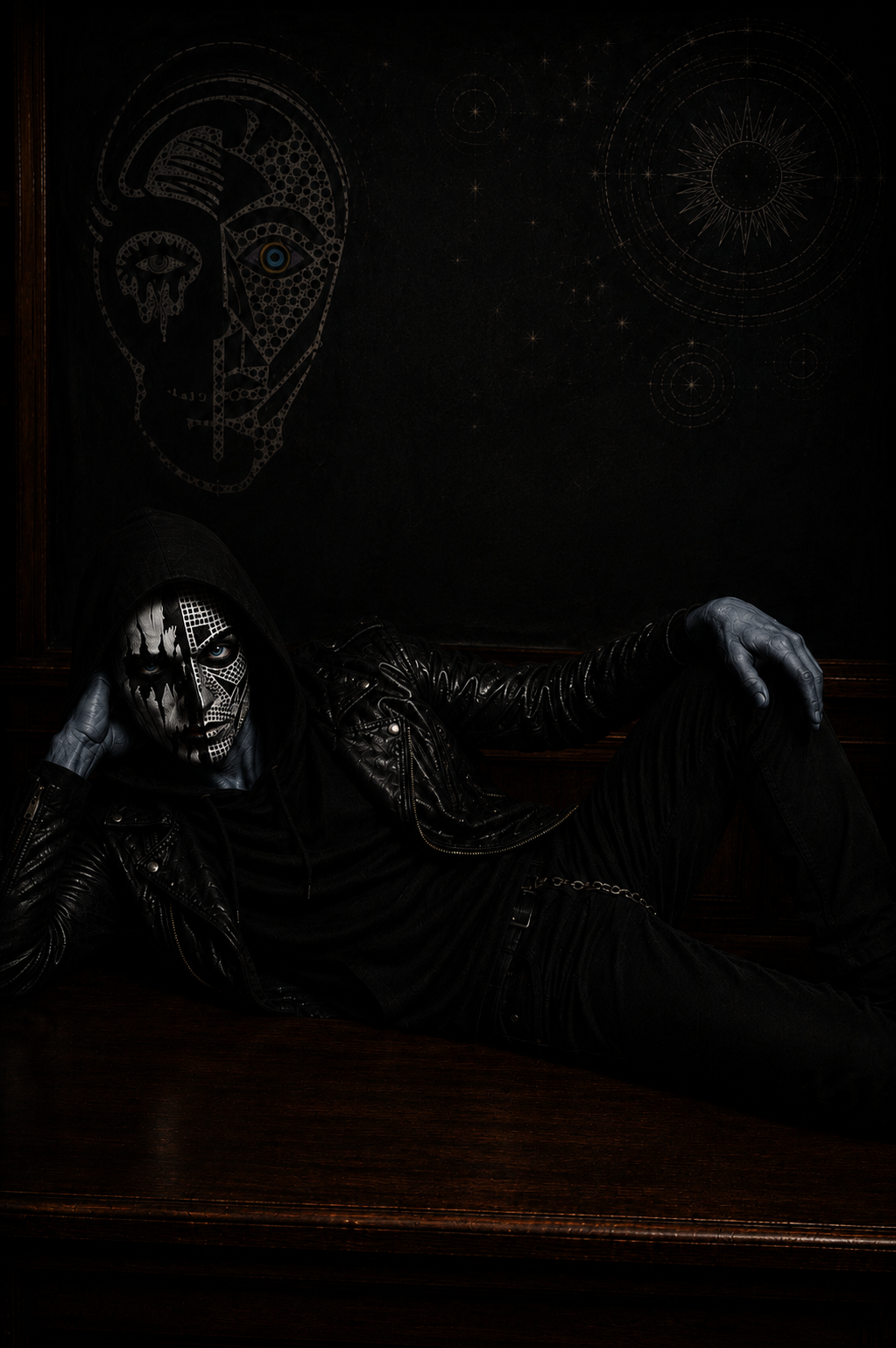 Tenet reclines across the desk, asking the audience to remember the lesson before becoming distracted by memories of seeing people in face paint on Earth. Dark classroom scene from The Canis featuring the sarcastic traveller.