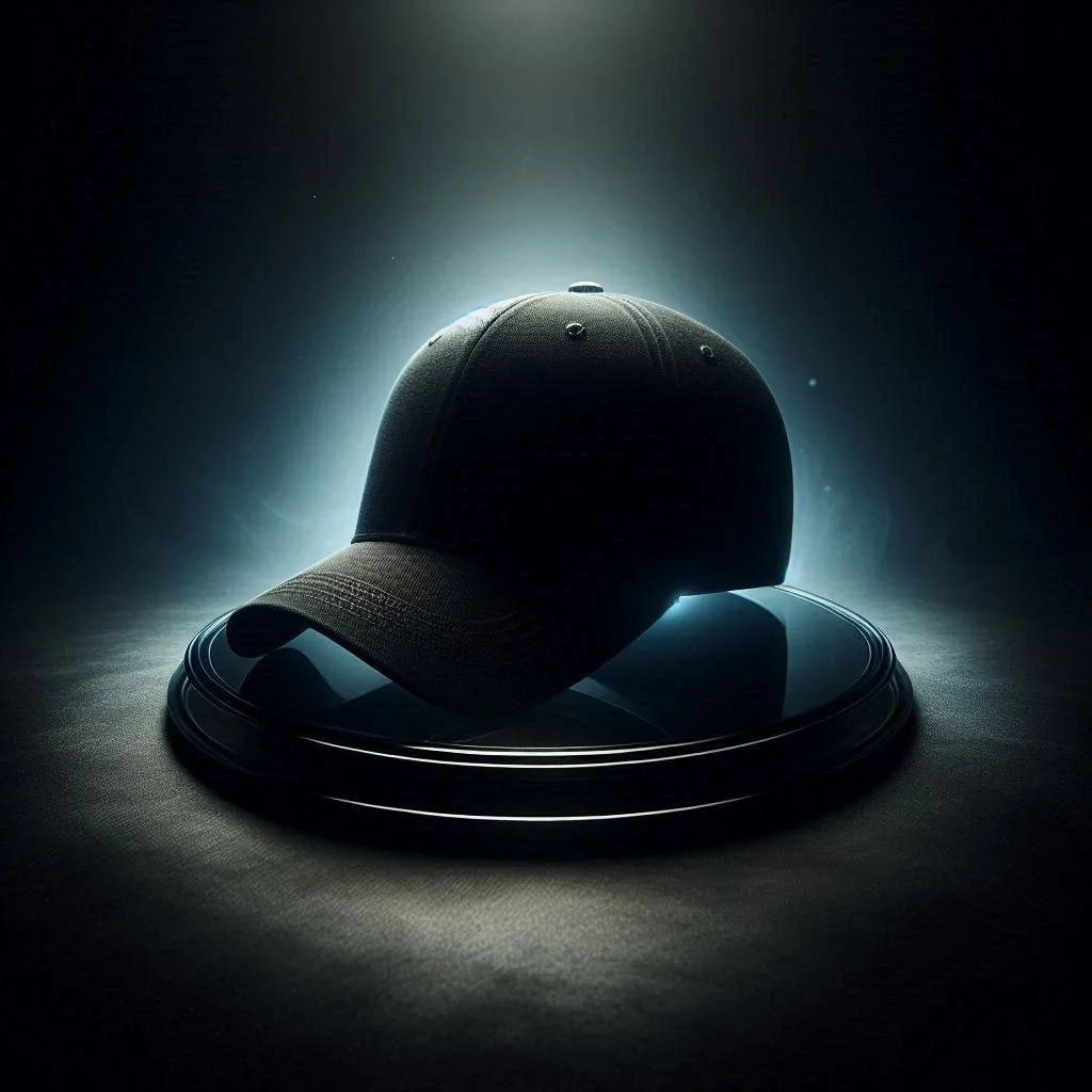 An AI product teaser image featuring a blacked out cap on a stand with soft blue lighting