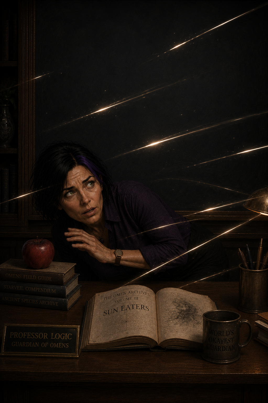 More golden beams tear across the classroom while Professor Logic ducks for cover as the mysterious transmission intensifies.