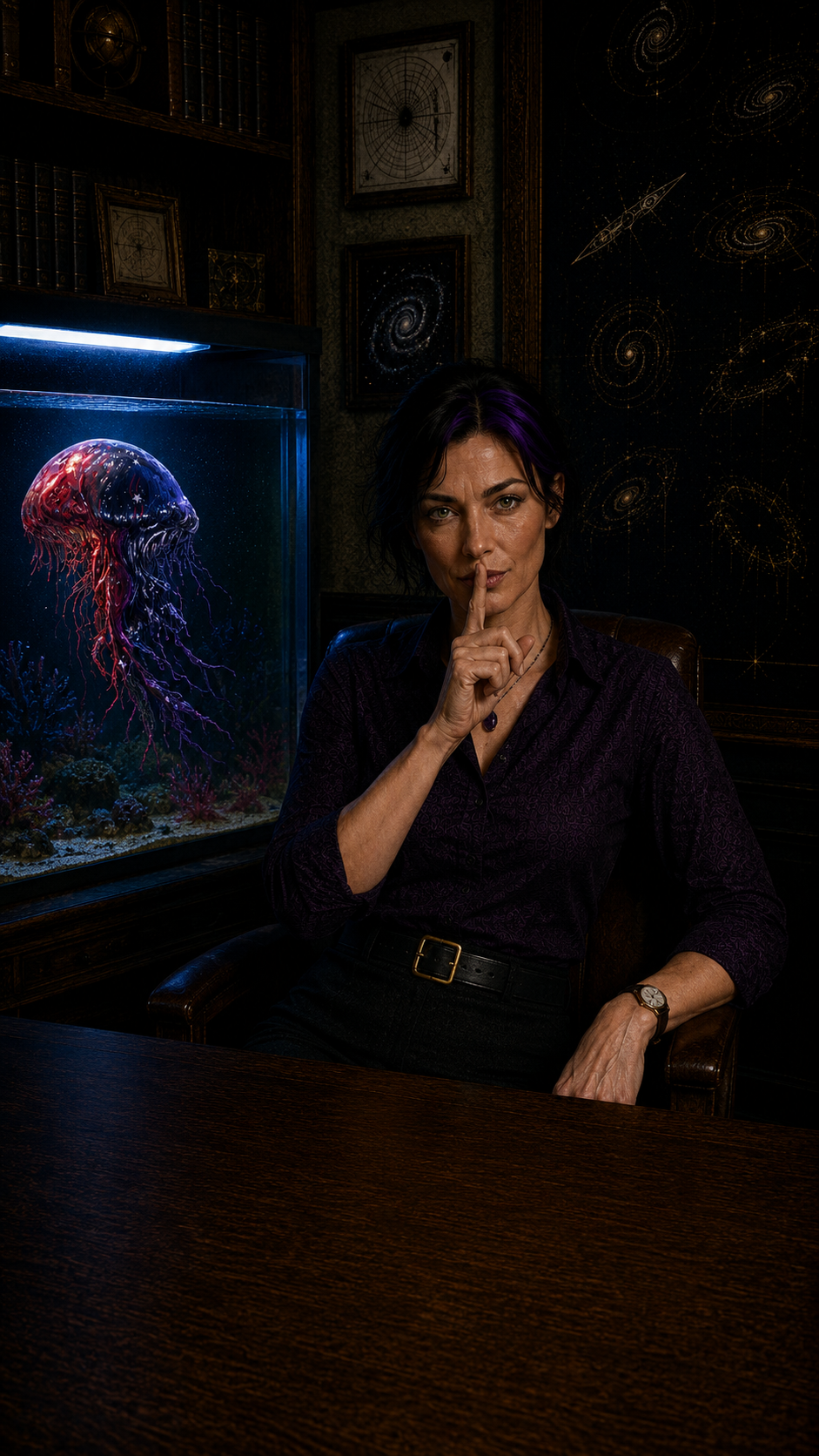 Professor Logic sits beside a glowing aquarium containing Spineless, holding a finger to her lips beneath the words "Silence is enough," while the mysterious Condition drifts behind glass.