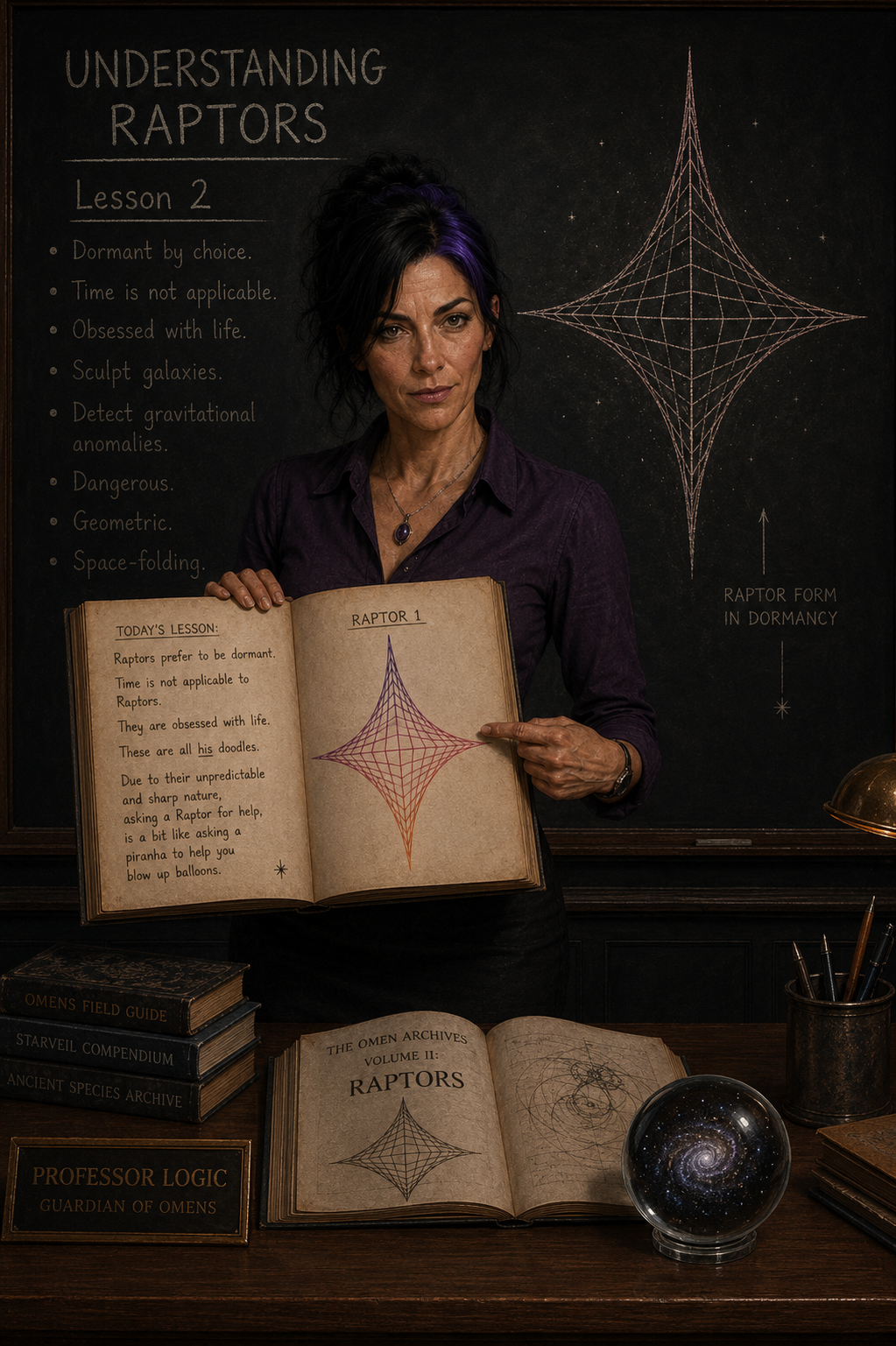 Logic presents a geometric diagram of a dormant Raptor while explaining that Raptors prefer to remain dormant. Classroom-style dark fantasy artwork set in The Canis.