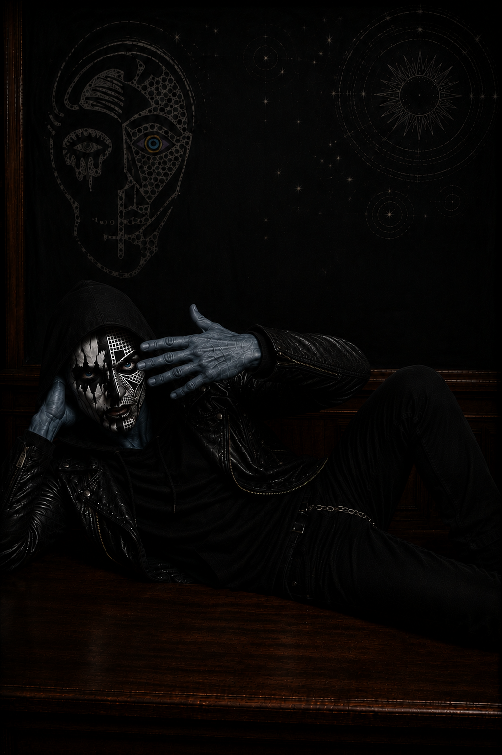 Tenet becoming distracted by memories of seeing people in face paint on Earth. Dark classroom scene from The Canis featuring the sarcastic traveller.