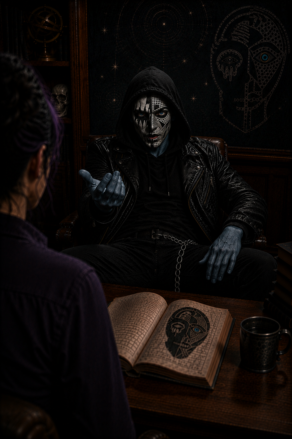 Professor Logic begins another lesson while Tenet interrupts from his chair, beckoning the viewer to come closer before pointing excitedly off screen. Dark comic-style classroom scene introducing another chaotic lesson from The Canis.