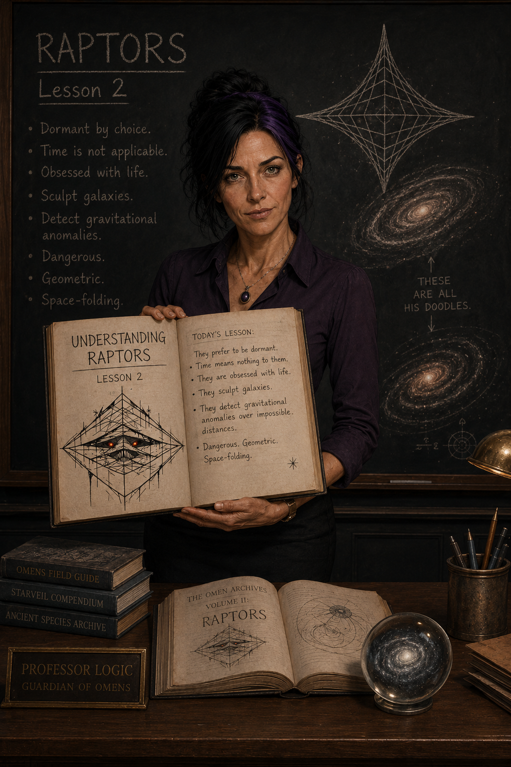 Logic introduces Lesson Two: Understanding Raptors, holding an illustrated field guide describing geometric cosmic entities known as Raptors. Dark fantasy educational artwork from The Canis.
