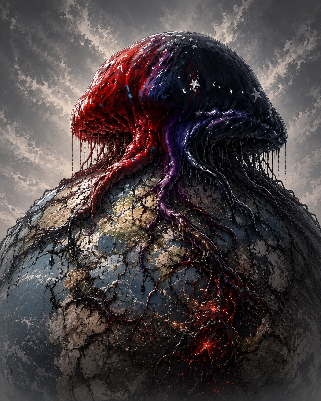 Spineless creature spreading across cracked earth beneath a stormy sky. Dark fantasy artwork introducing The Canis transmission 'Some things spread', showing black and crimson tendrils overtaking the landscape.