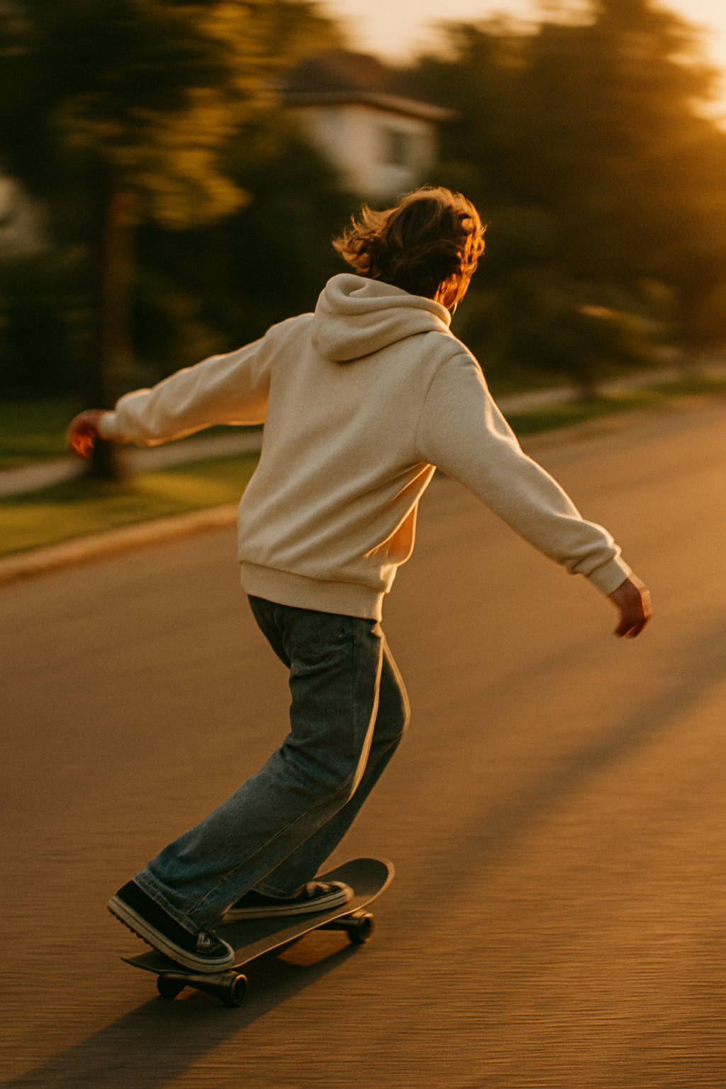 A skater riding a board wearing an oat coloured hoodie in the sunset