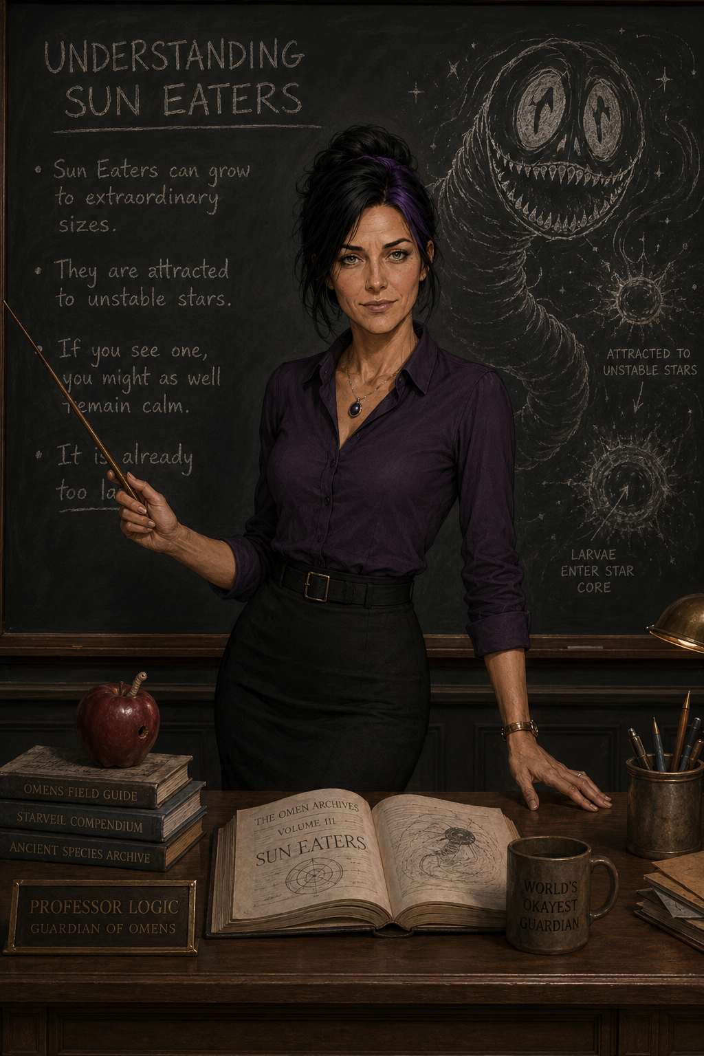 Logic introduces Understanding Sun Eaters, Lesson One, in a dark archive classroom with field guides, notes and astronomical diagrams.