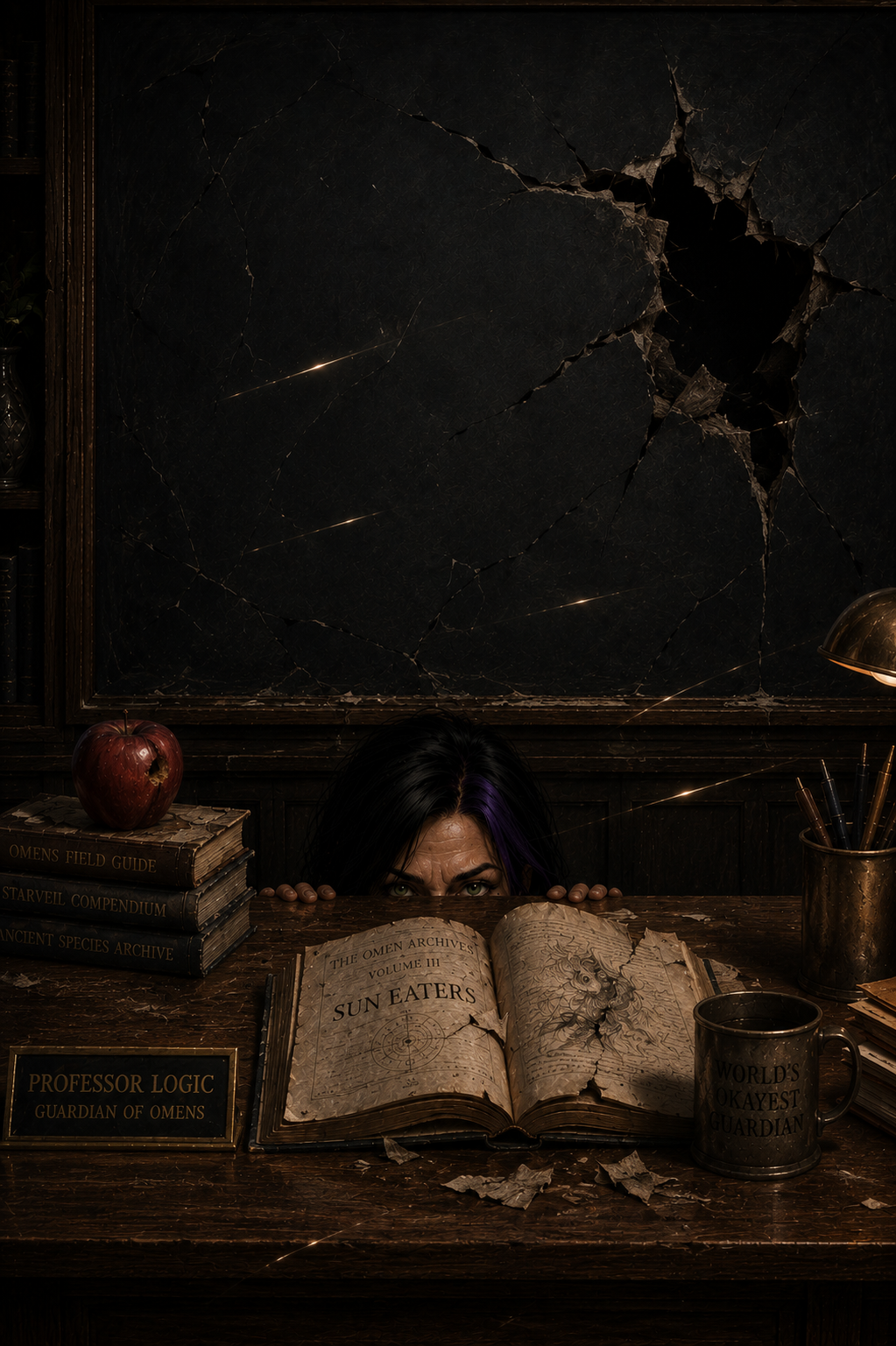 The observatory wall lies cracked after the transmission while Professor Logic peers cautiously over her desk beneath the warning, "Never follow a light that knows your name."