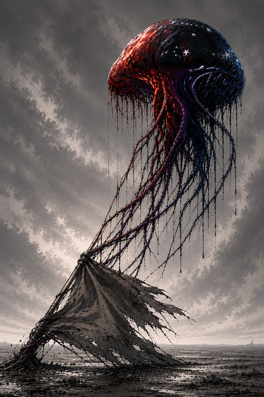 Towering jellyfish-like entity dragging black tendrils across a desolate landscape. Dark fantasy artwork reading 'Some things take', representing the spreading force known as Spineless within The Canis.