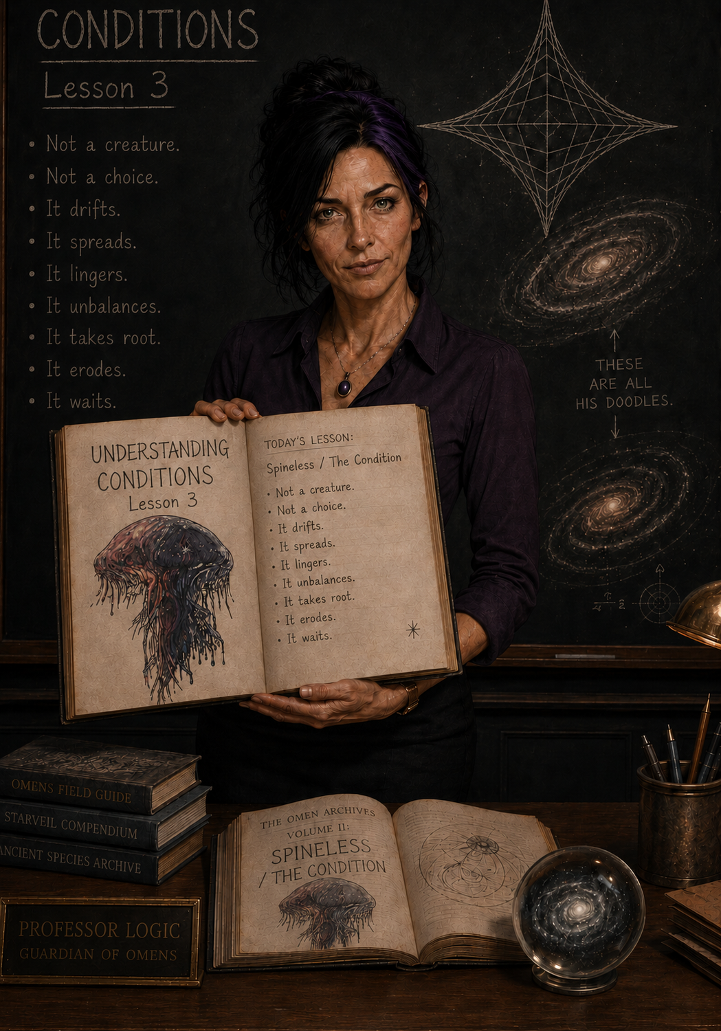 Professor Logic introduces Lesson 3, "Understanding Conditions," holding an illustrated field guide showing Spineless, a drifting jellyfish-like Condition from The Canis, inside her observatory classroom.