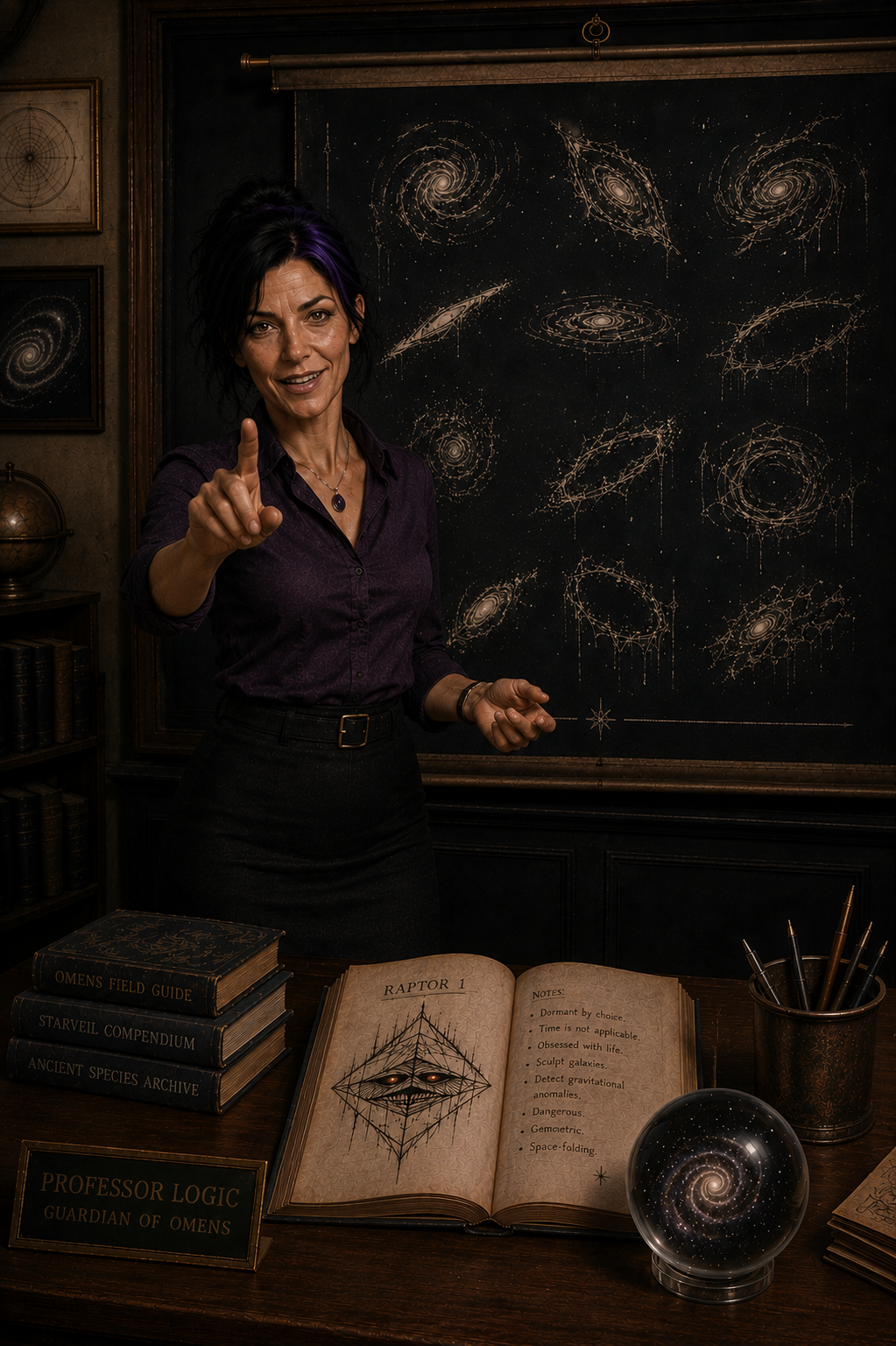 Logic points toward the viewer while explaining that Raptors sculpt galaxies. Classroom-style dark fantasy artwork introducing the immense scale of these geometric entities.
