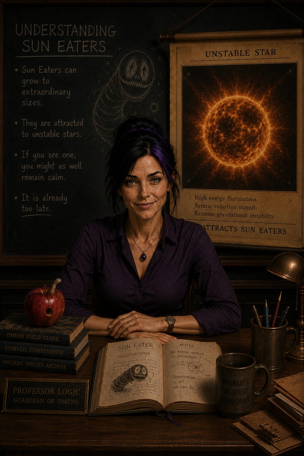 ogic sits calmly at the archive desk beneath a Sun Eater diagram, warning viewers to remain calm if one appears.