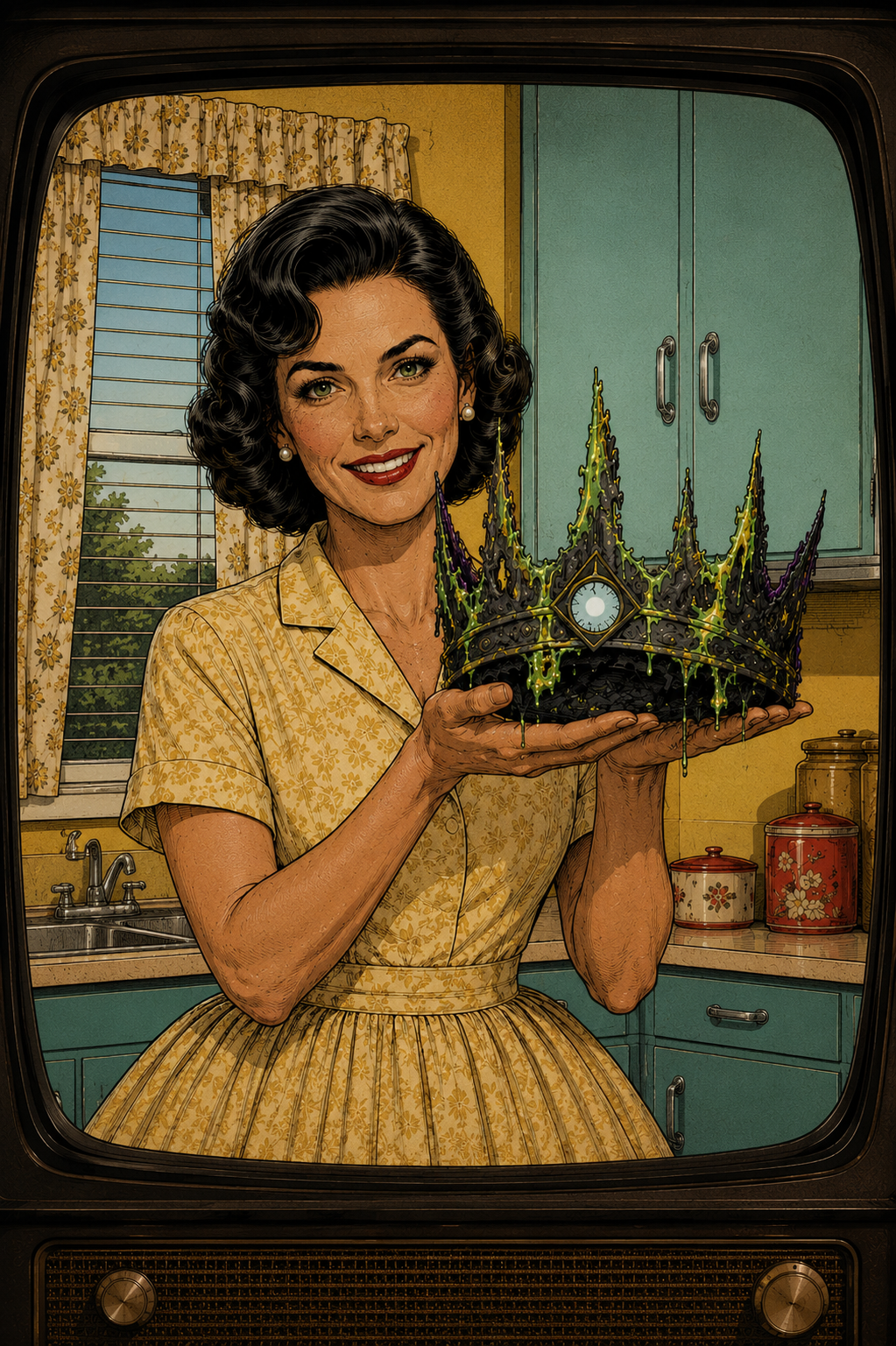 Logic appears in the style of a cheerful 1950s advertising presenter, smiling while introducing the Corruption crown with the headline 'New! Corruption™'. Dark satirical artwork from The Canis.