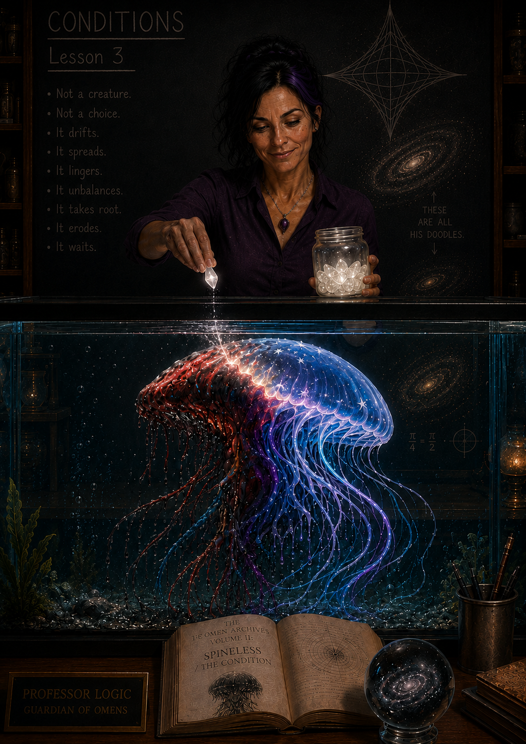 Professor Logic lowers a glowing Cane into the aquarium as Spineless illuminates with blue and crimson light, illustrating that action, not perfection, changes the balance in The Canis.