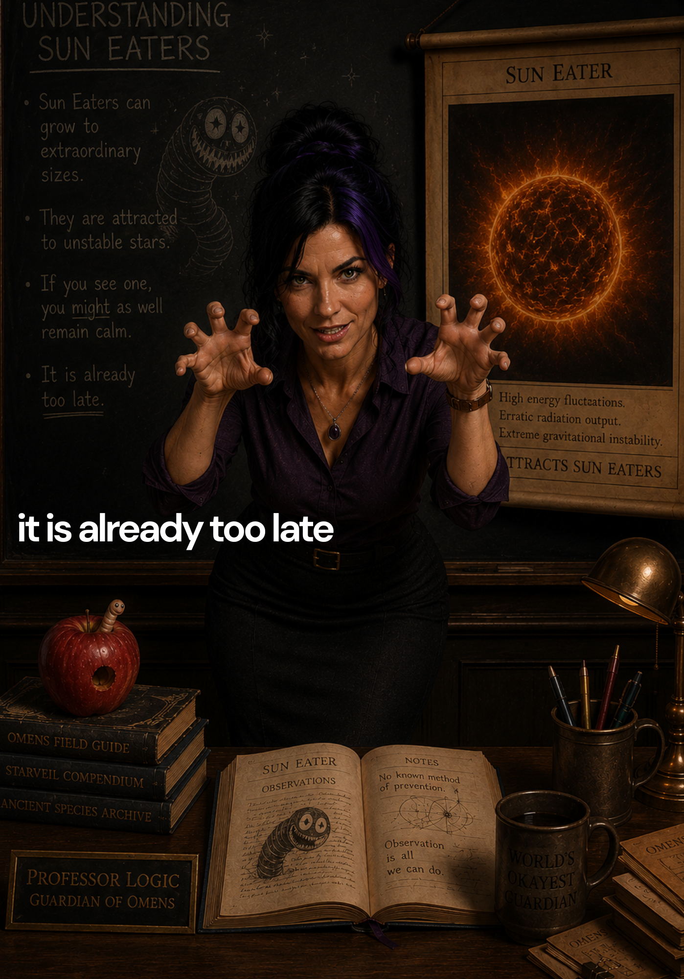 Professor Logic explains Sun Eaters in a dark classroom beside books, diagrams and a glowing stellar image.