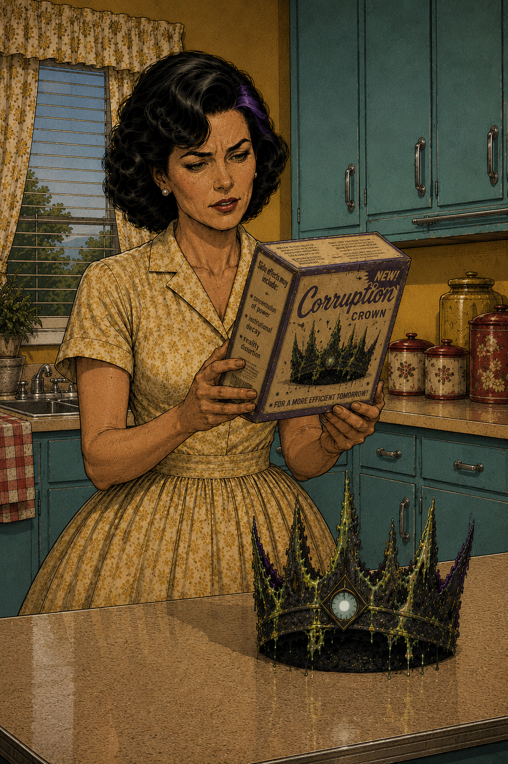 Logic studies the warning label on a fictional Corruption product box listing side effects including reality distortion, concentration of power and institutional decay. Dark satirical artwork from The Canis.
