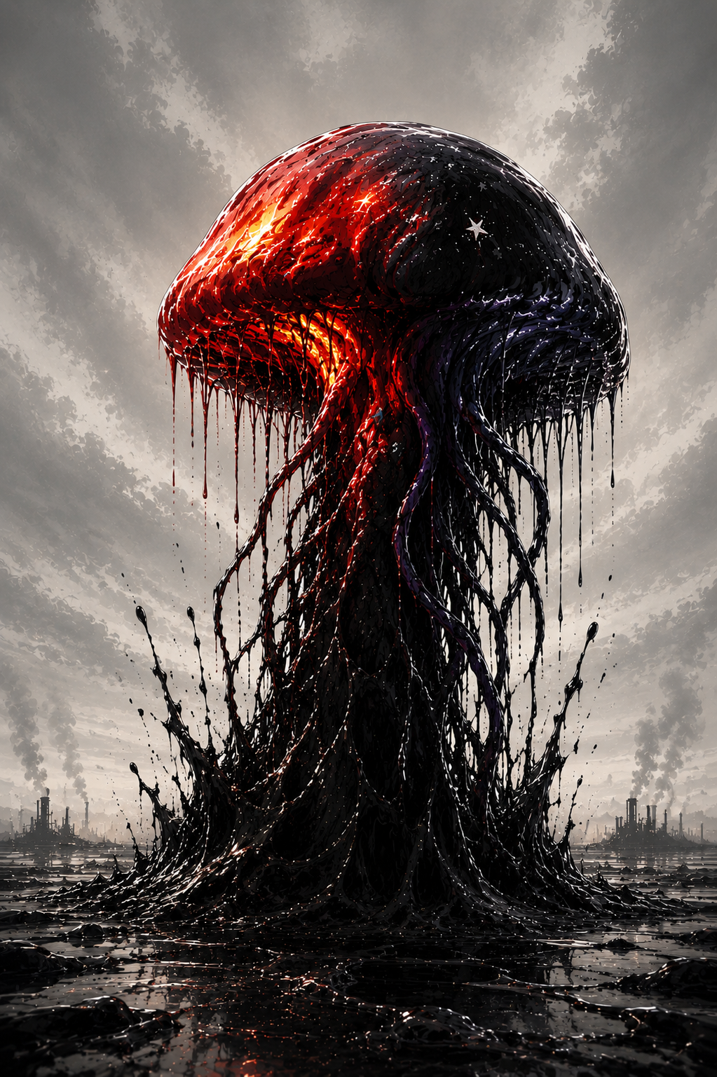 Enormous crimson-and-black Spineless organism rises from a pool of dark liquid, its tendrils merging into the ground beneath storm clouds. Dark fantasy artwork reading 'The rot', symbolising The Condition taking root across Omens.