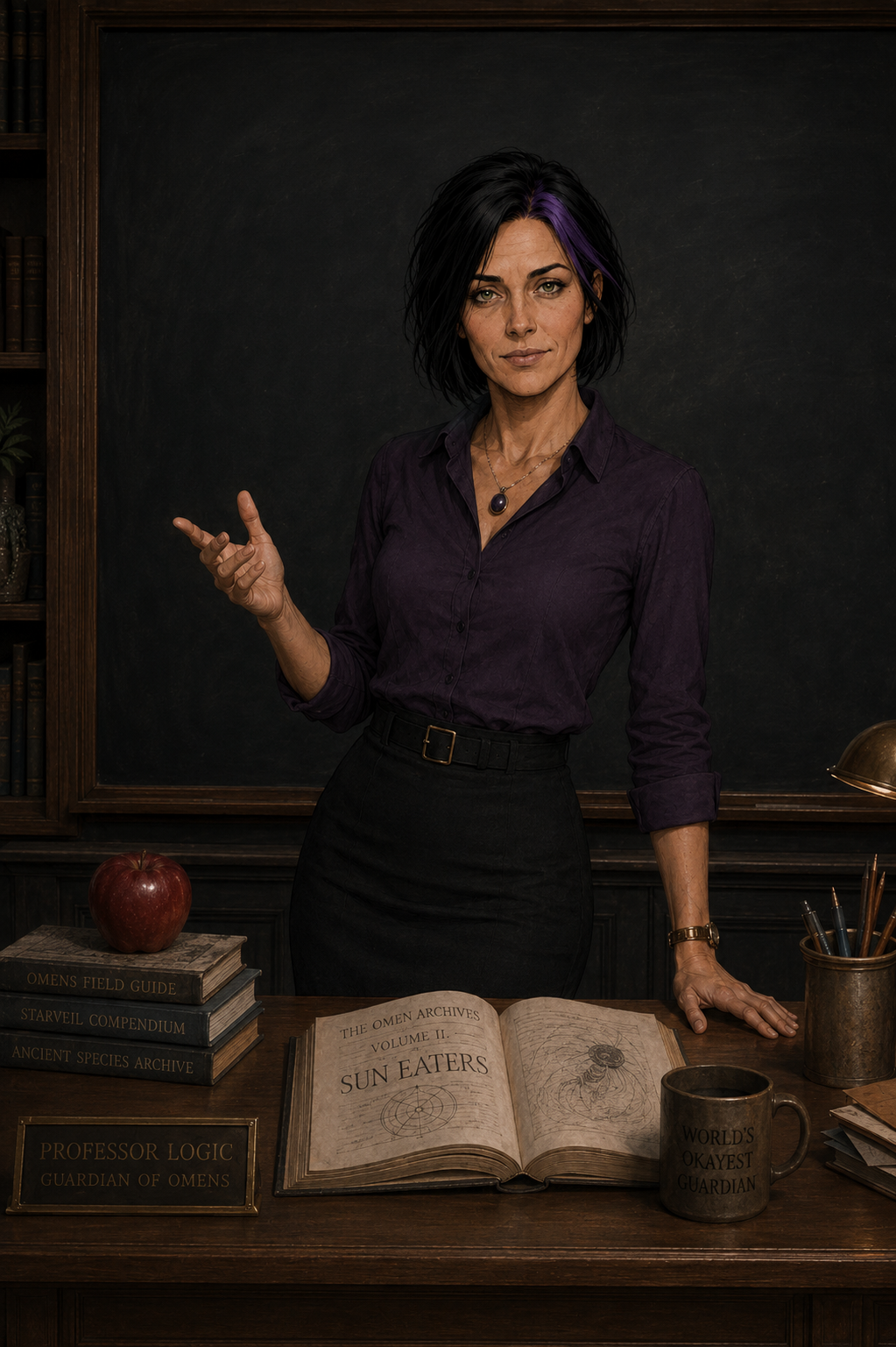 Professor Logic explains that music is the only thing capable of making Tokens grow, standing beside her archive desk inside the observatory classroom in The Canis.