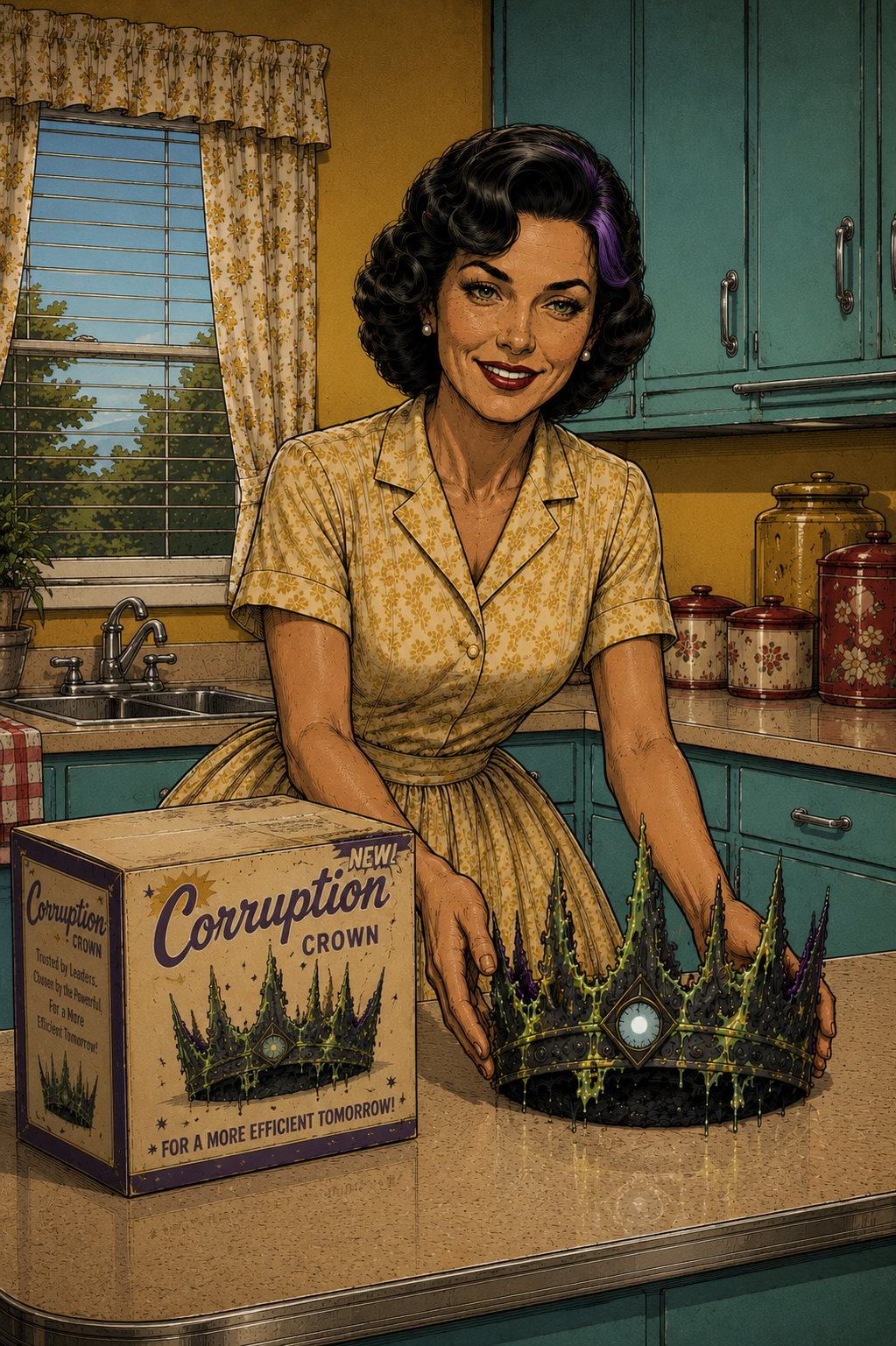 Logic poses beside the Corruption crown and its fictional product box in a retro kitchen advertisement. Dark fantasy satire reading 'For a more efficient tomorrow', parodying consumer marketing within The Canis.