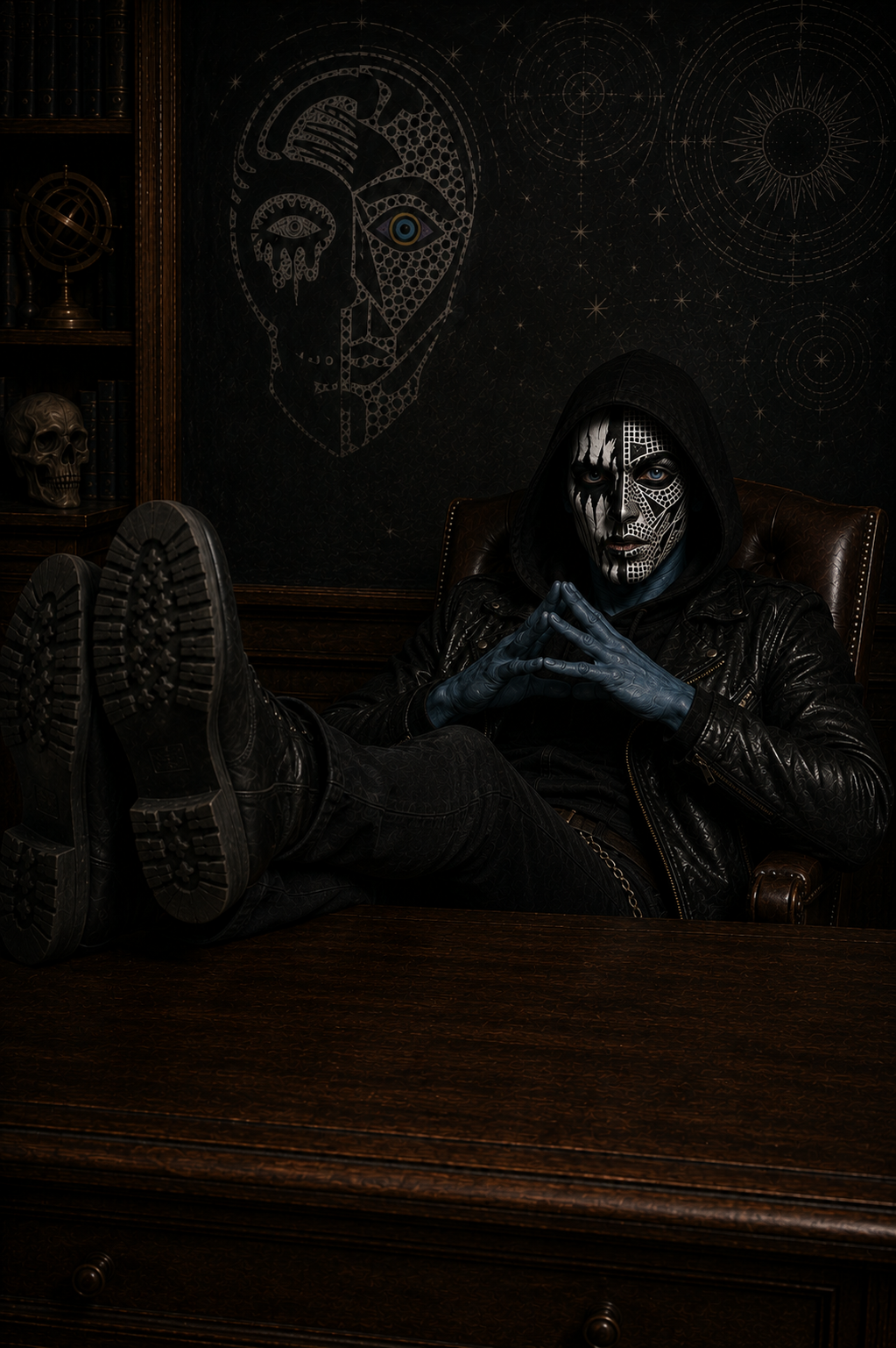 Tenet, the intergalactic agitator from The Canis, reclining in a dark archive beneath an illustrated version of the Tenet 2 face design.