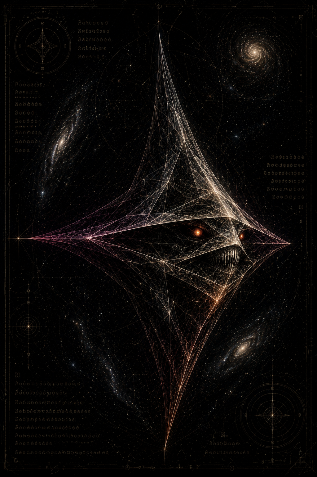 Raptor, an ancient geometric assassin from The Canis, suspended across a star map surrounded by galaxies and astronomical markings.