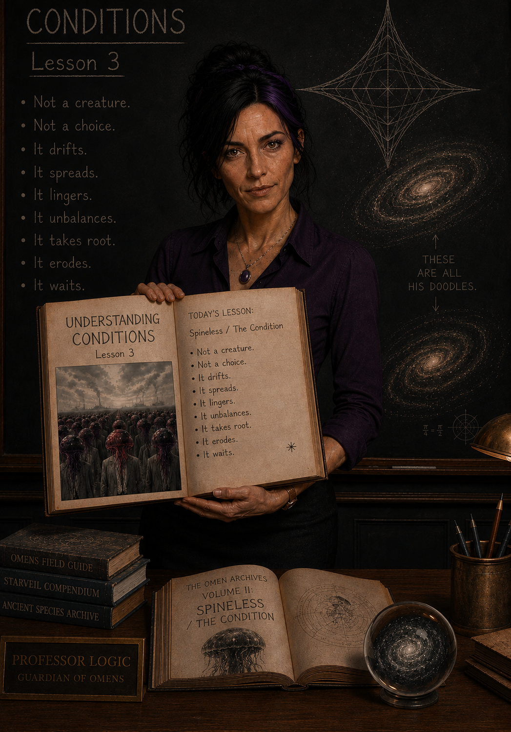 Professor Logic presents Lesson 3 about Spineless, explaining that Conditions are not creatures but forces that drift, spread and linger throughout The Canis.