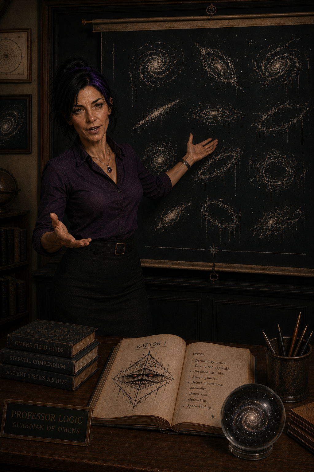 Logic gestures toward chalk sketches of galaxies, explaining that these immense cosmic structures are merely Raptors' doodles. Dark fantasy educational artwork from The Canis.