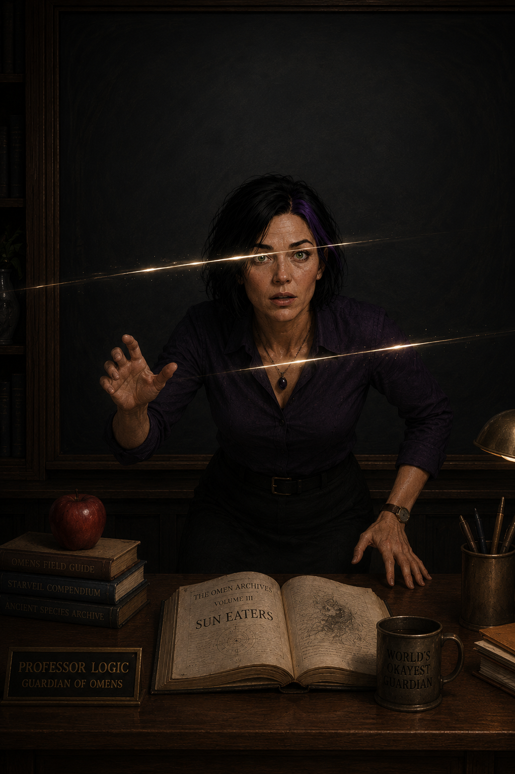 Thin streaks of golden light slice through the observatory as Professor Logic reaches forward in alarm, sensing an incoming message from deep space.