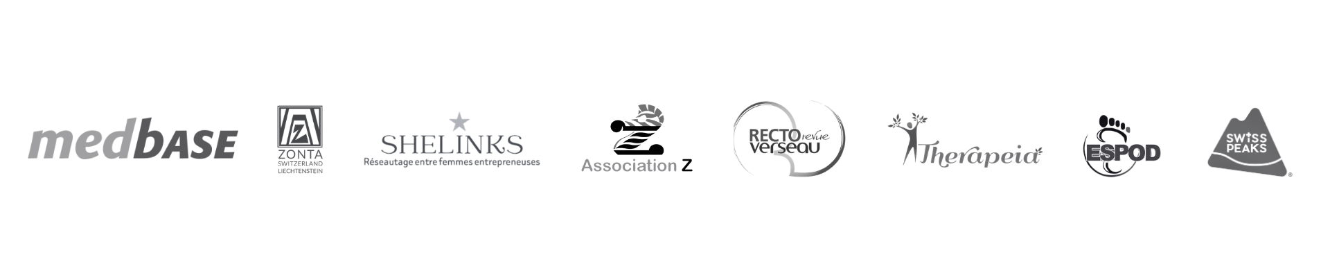 Logos des organisations ayant fait confiance à Céline Lambert : Medbase, Zonta Switzerland & Lichtenstein, Shelinks, Association Z, Recto-Verseau, Thérapeia, ESPOD et Swiss Peaks