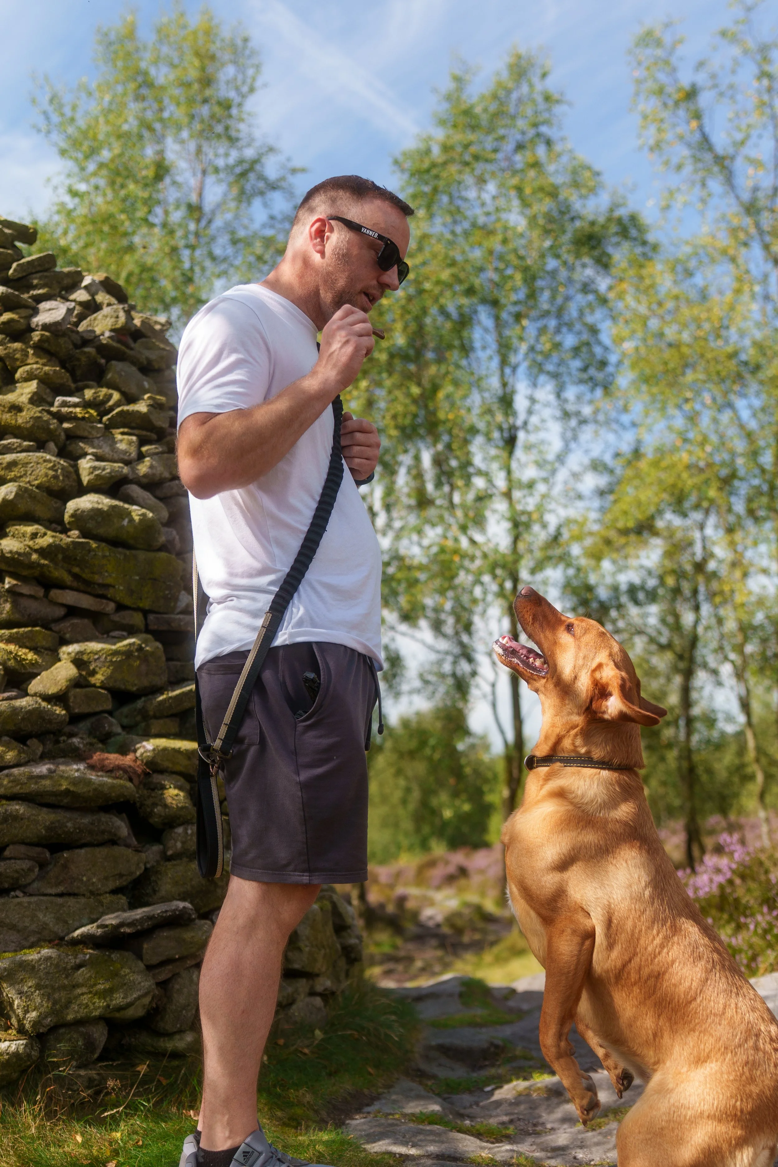 A portrait of a dog and her owner on the moor next to Crag and Coffee, Farnhill.