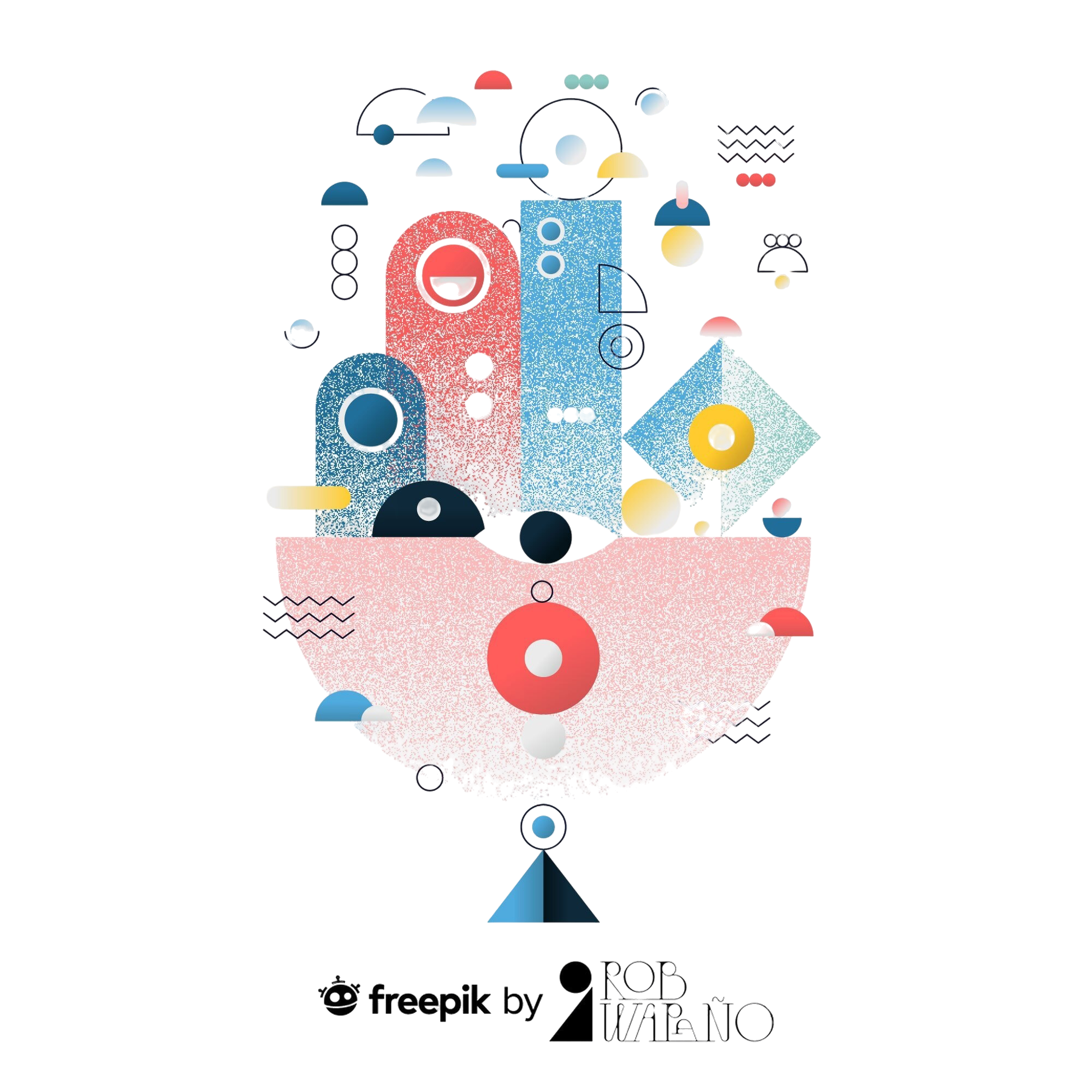 Abstract digital illustration with geometric shapes, circles, rectangles, and lines in pastel colors like pink, blue, and yellow, arranged in a symmetrical, modern design.