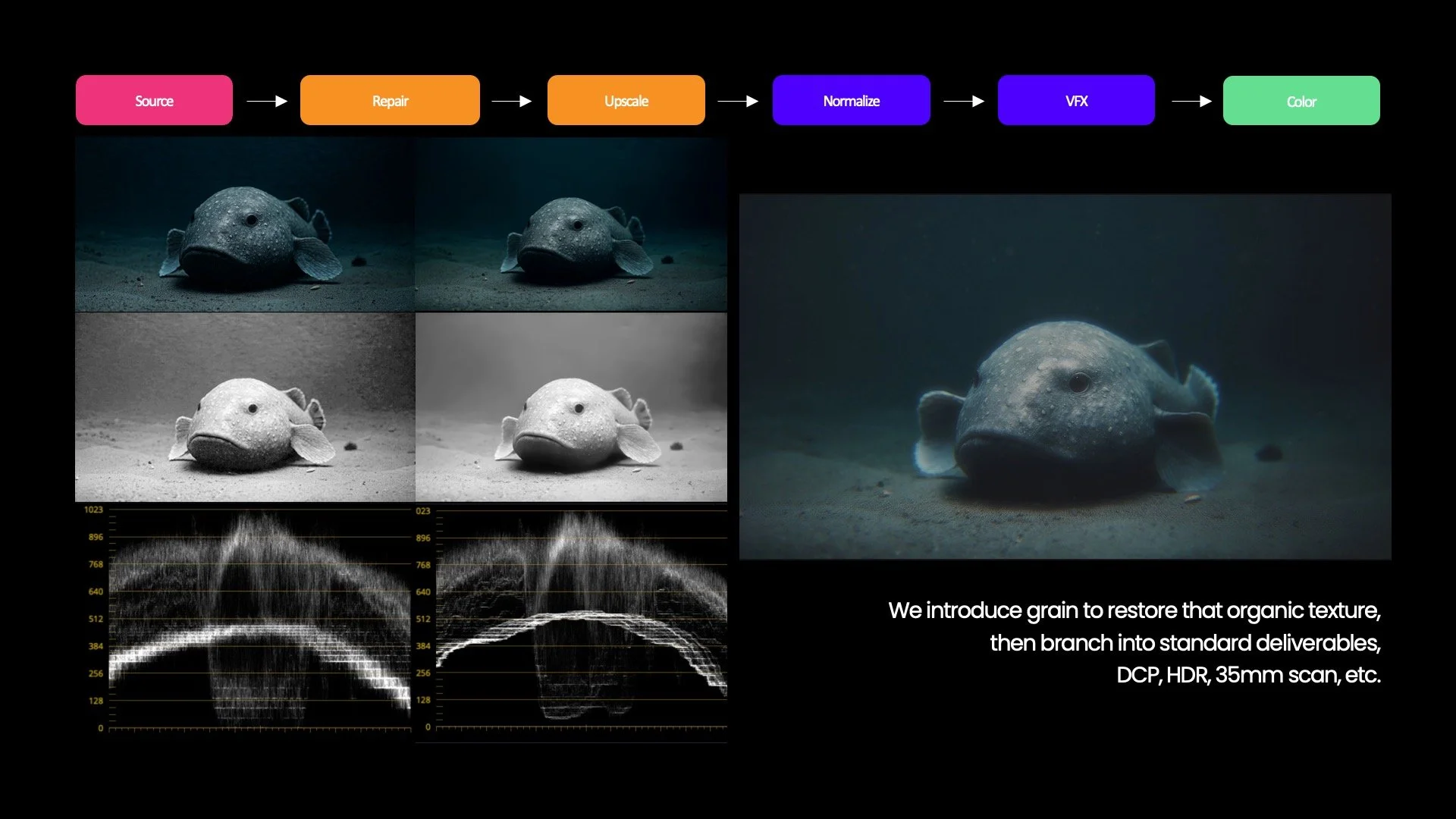 Comparison of an 8-bit SDR plate before and after removal of compression artifacts. The final image has grain added back in.