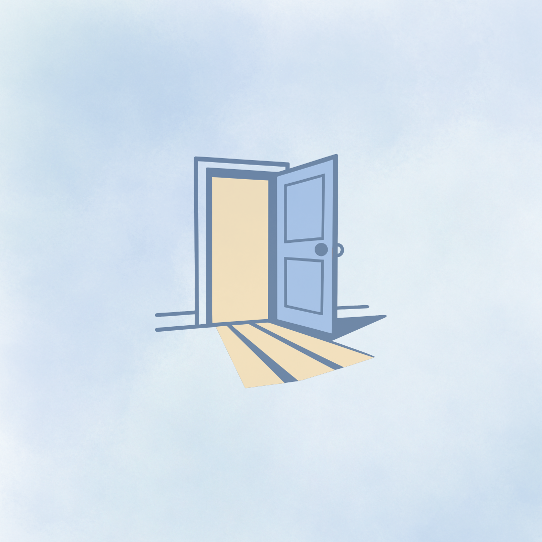 Image of doorway on a calm blue background representing the theme of retirement and sleep