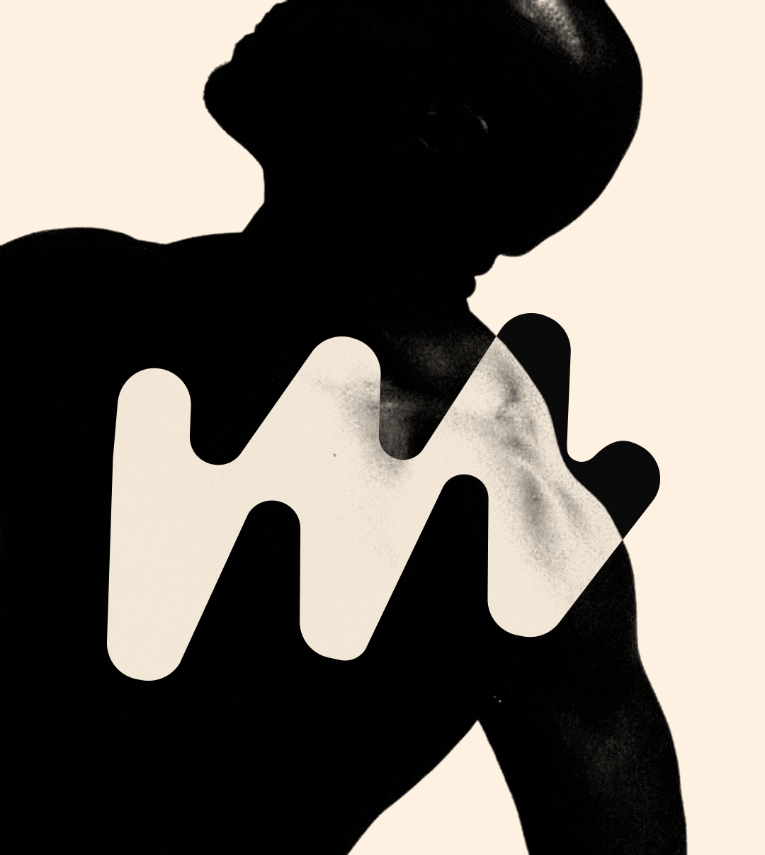 Silhouette of a woman touching her face with a white and black abstract overlay in the foreground.