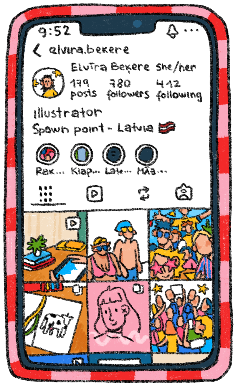 A colorful illustration of a smartphone screen showing a social media profile of a person named Elvira Bekere. The profile indicates she/her pronouns, with 199 posts, 780 followers, and 442 following. The account is from Latvia and the user is an illustrator. The profile picture is a drawing of a girl with stars around her. The screen features icons for stories, messages, and more, along with four small photo thumbnails of beach scenes, people at the beach, a drawing of a dog, and a woman with long hair.