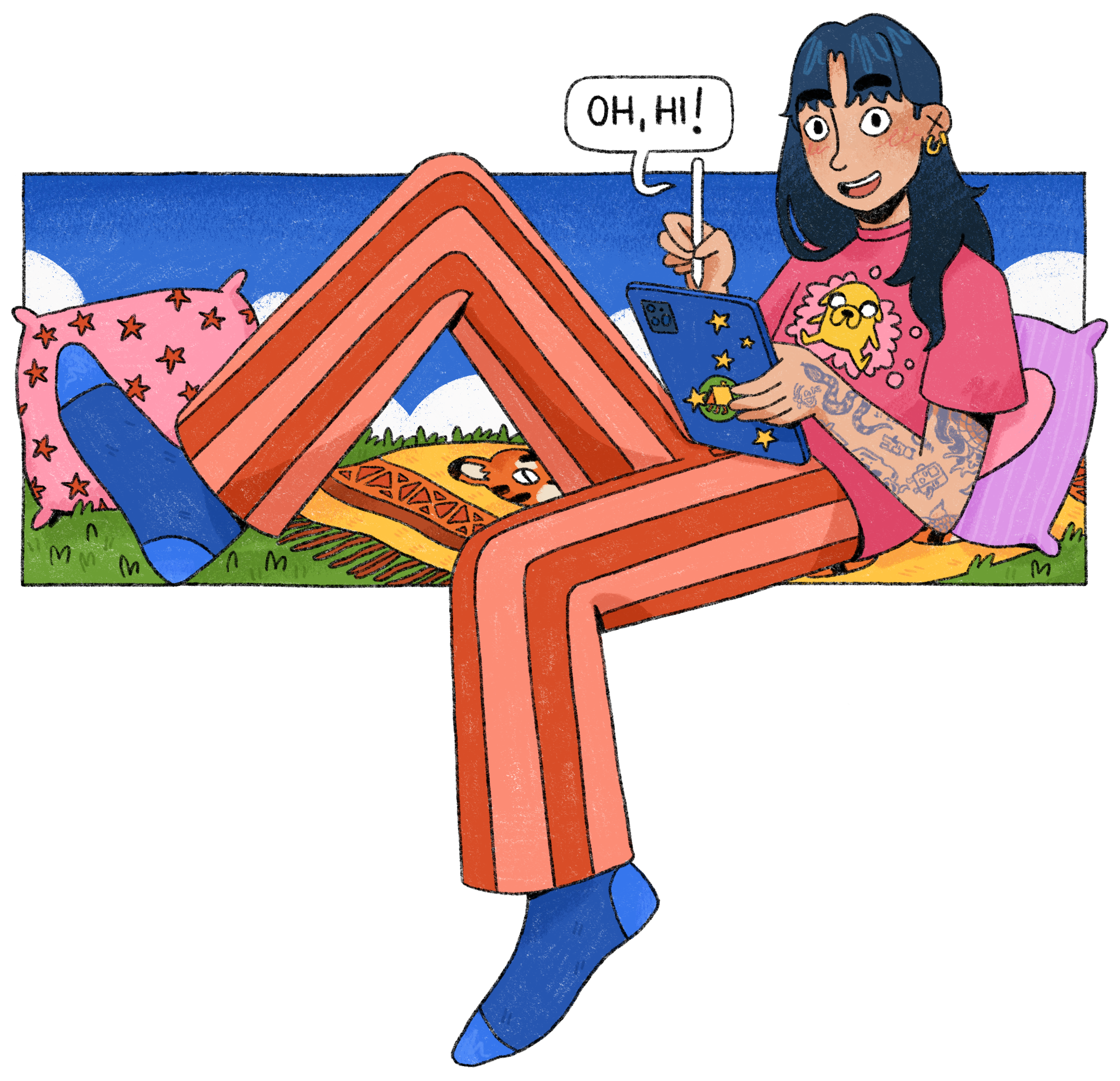 A self portrait of Elvira Bekere (elvīra beķere, elvira bekere, Elvīra Beķerewith blue hair and tattoos on her arm, sitting on the grass and holding a tablet with a star sticker, smiling and looking at the screen. A blue sky and clouds is behind her.