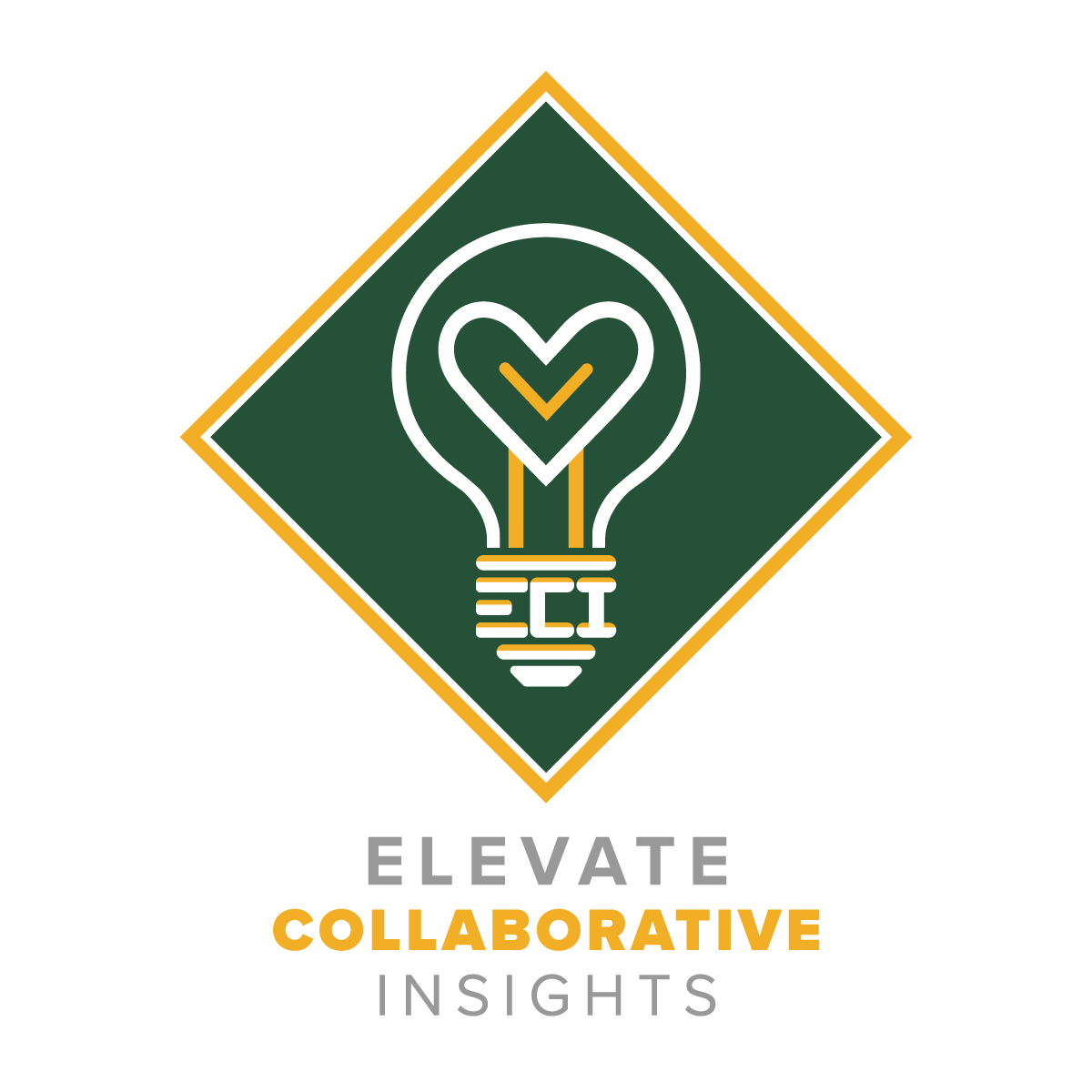 Logo with a stylized light bulb containing a heart inside, set in a green diamond frame with gold border, above the words 'ELEVATE COLLABORATIVE INSIGHTS'.