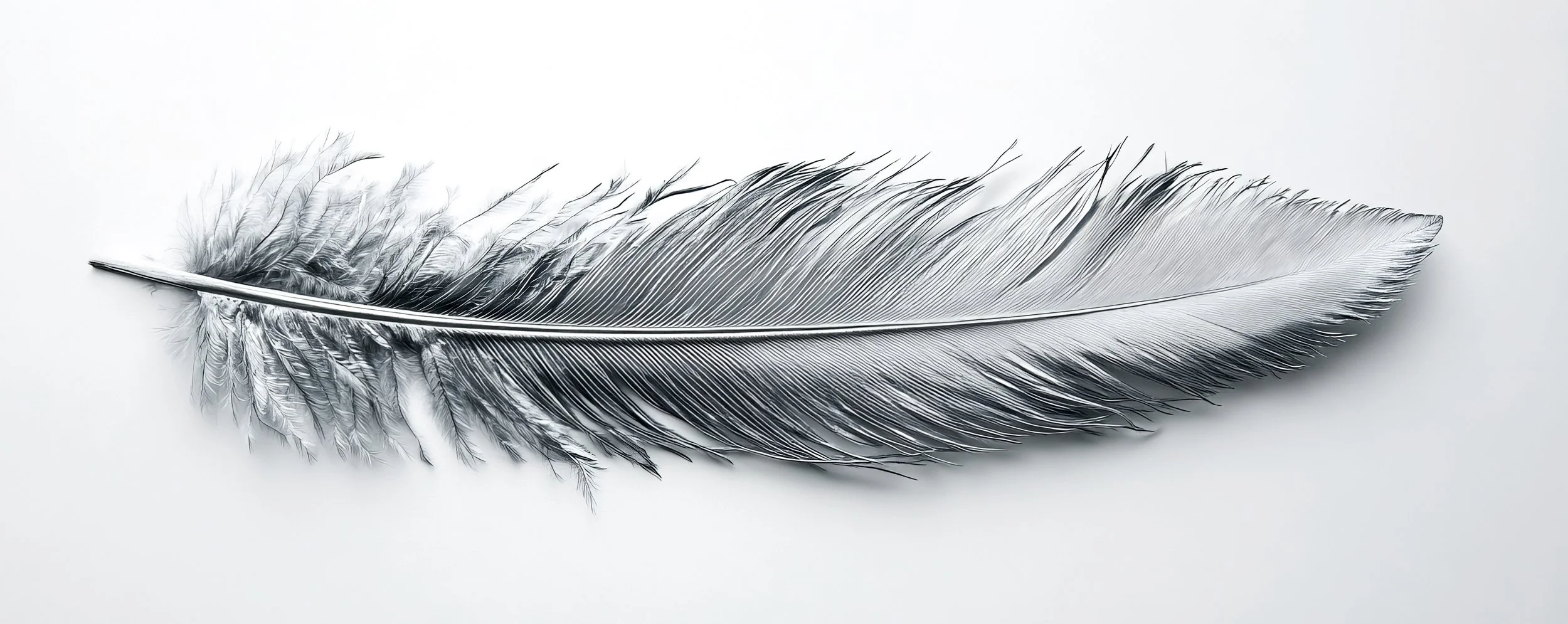 Silver feather of the Meridian psy of AOC - Air Operations Command - on a clean, white background.  Blue lights gently lift it.