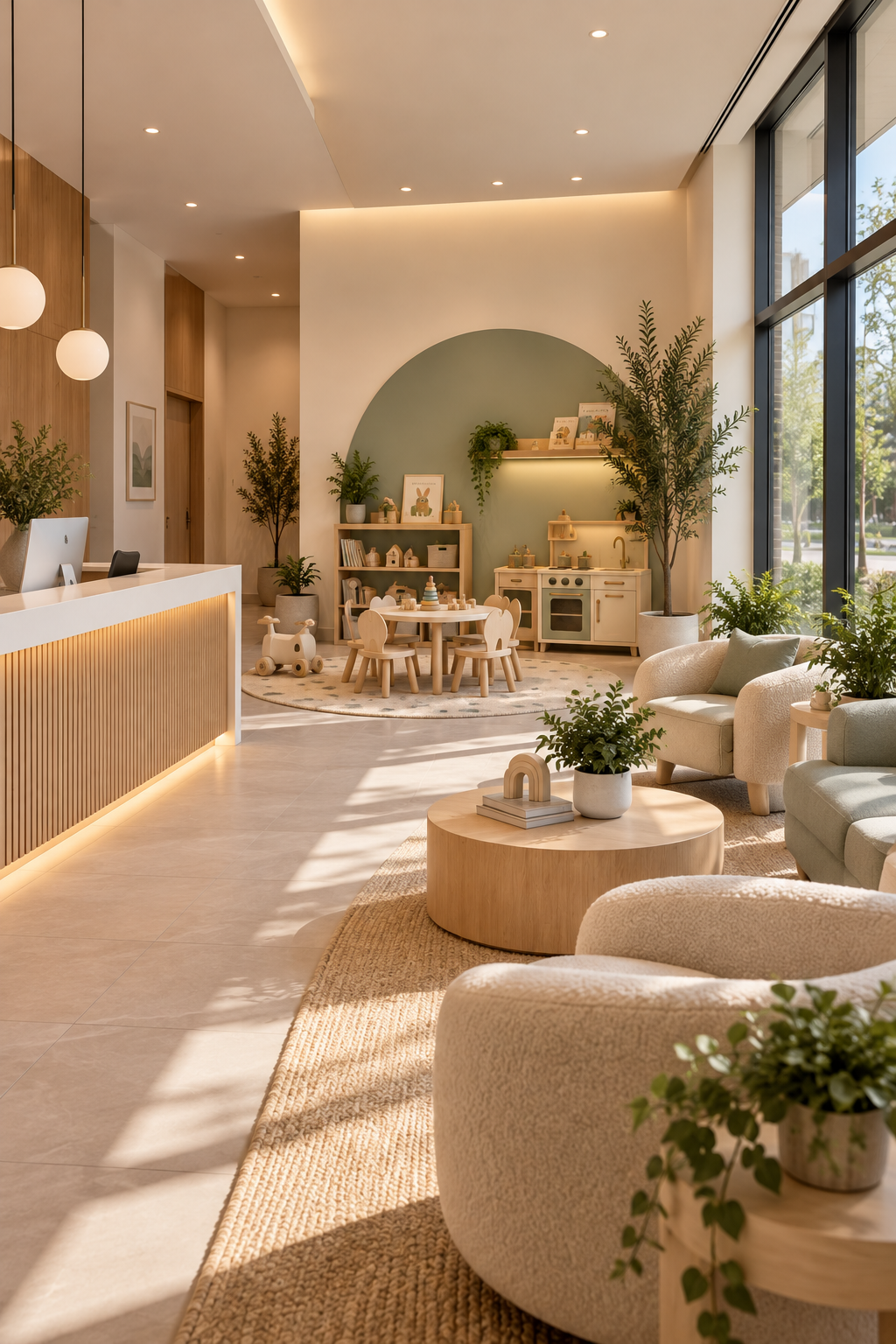 Une salle d'attente intérieur lumineux avec un comptoir blanc, zones de repos avec canapés, et un coin pour enfants avec une petite cuisine en bois, une table ronde avec des chaises en bois, et plusieurs plantes vertes.