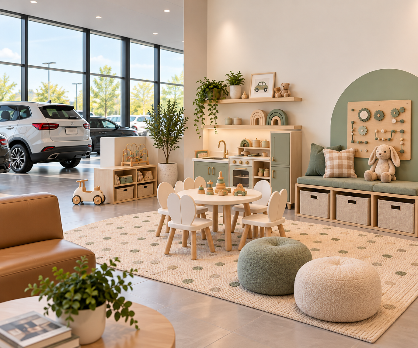 Espace de jeux pour enfants dans un concessionnaire automobile avec une petite cuisine en bois, une table ronde avec des chaises, des poufs, des étagères avec des jouets et plantes, et des voitures en jouet, dans un style sobre et moderne.