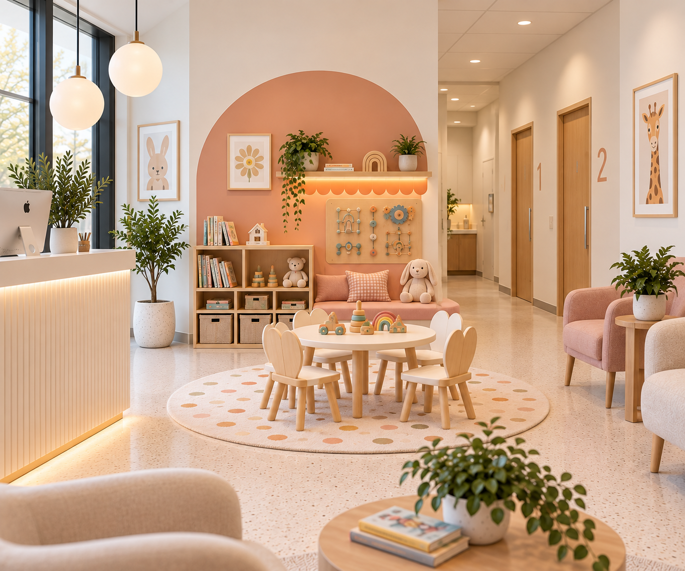 Salle d'attente dans une clinique avec un espace de jeux pour enfants avec décoration pastel, meubles en bois, jouets en bois, plantes vertes, mur rose avec dessins d'animaux et jouets, fauteuils, et un comptoir d'accueil lumineux.