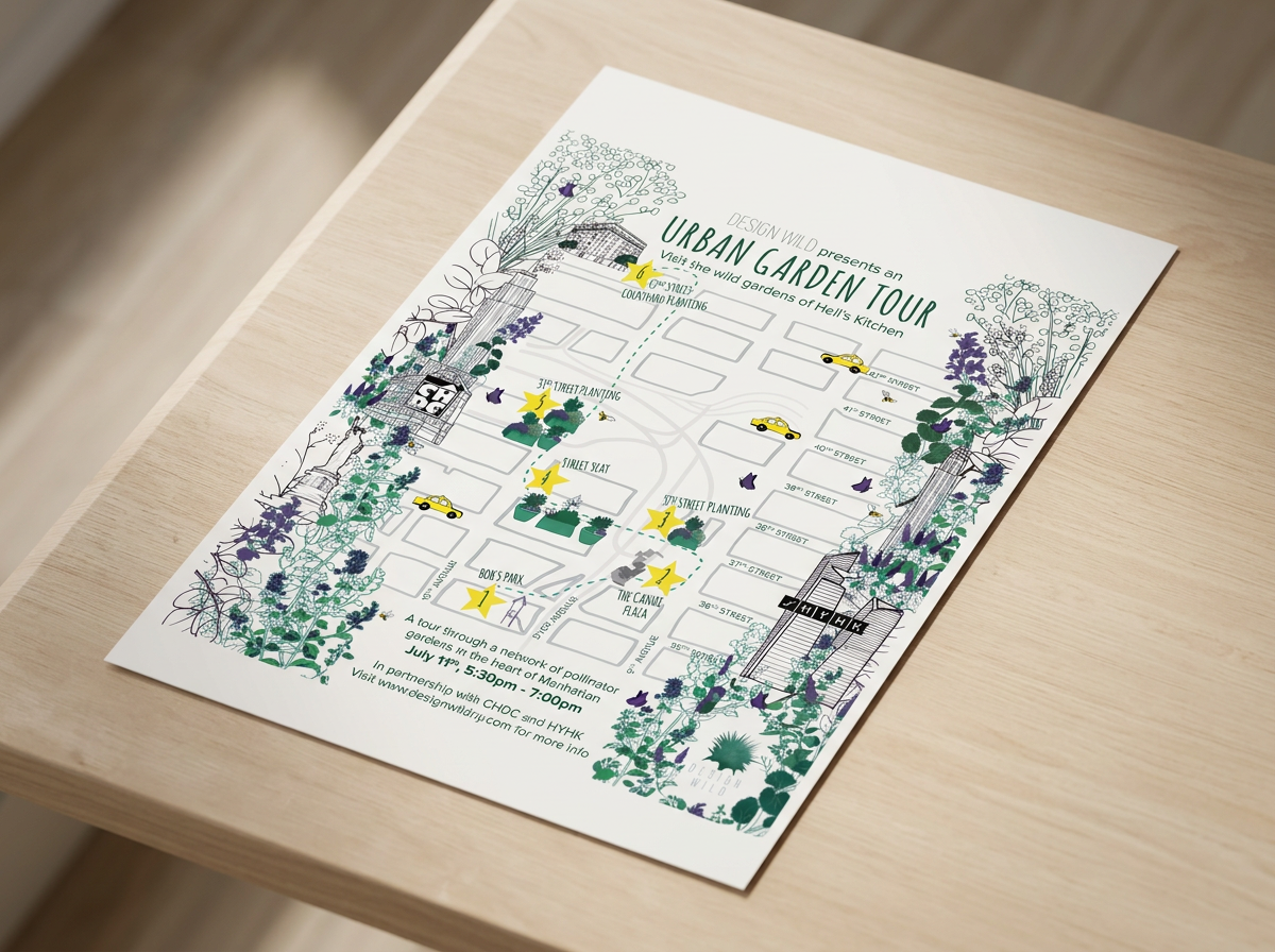 A colorful flyer showcasing an urban garden tour with illustrations of plants, trees, and cars, listing various garden locations and details about the event.