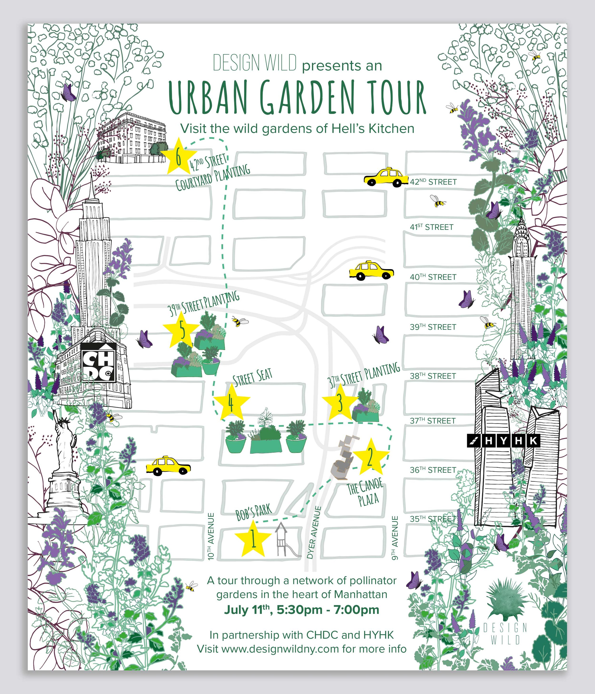 Hand-drawn illustrated map for urban greening project in Hell's Kitchen, New York