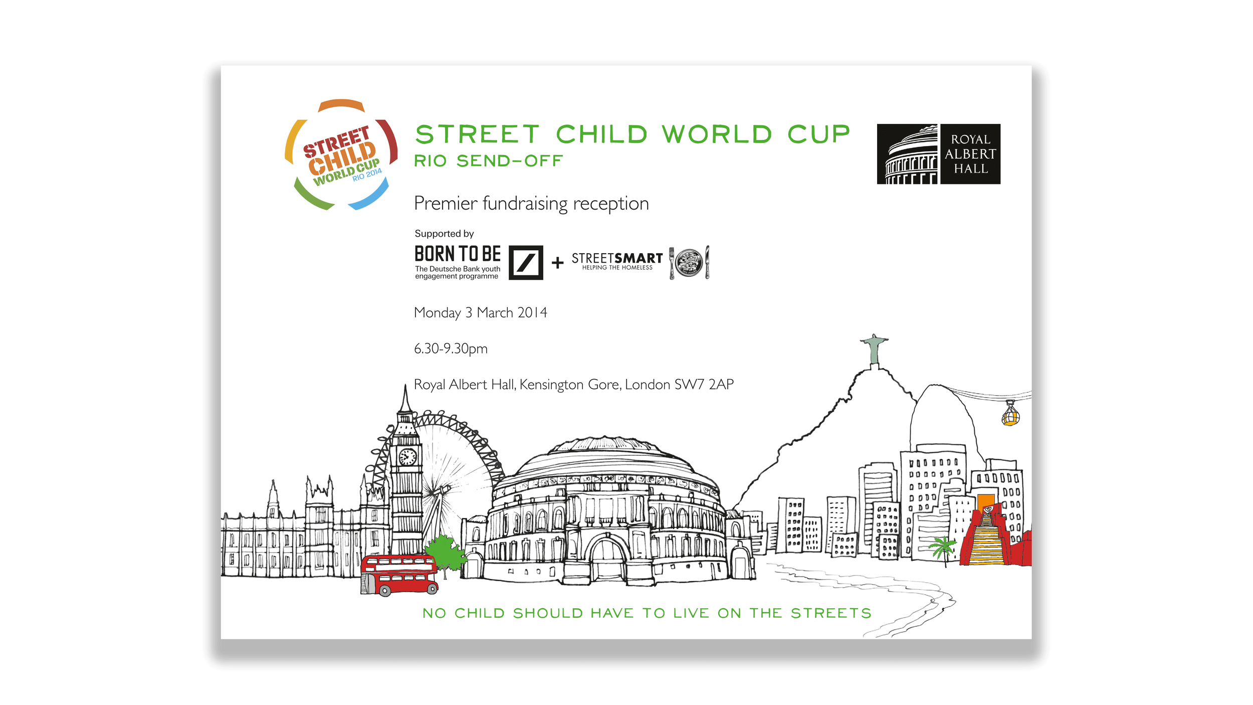 Invitation for the Street Child World Cup Rio send-off event, featuring black and white line drawings of Rio de Janeiro landmarks, a red double-decker bus, and a green phrase at the bottom that reads 'No child should have to live on the streets.'